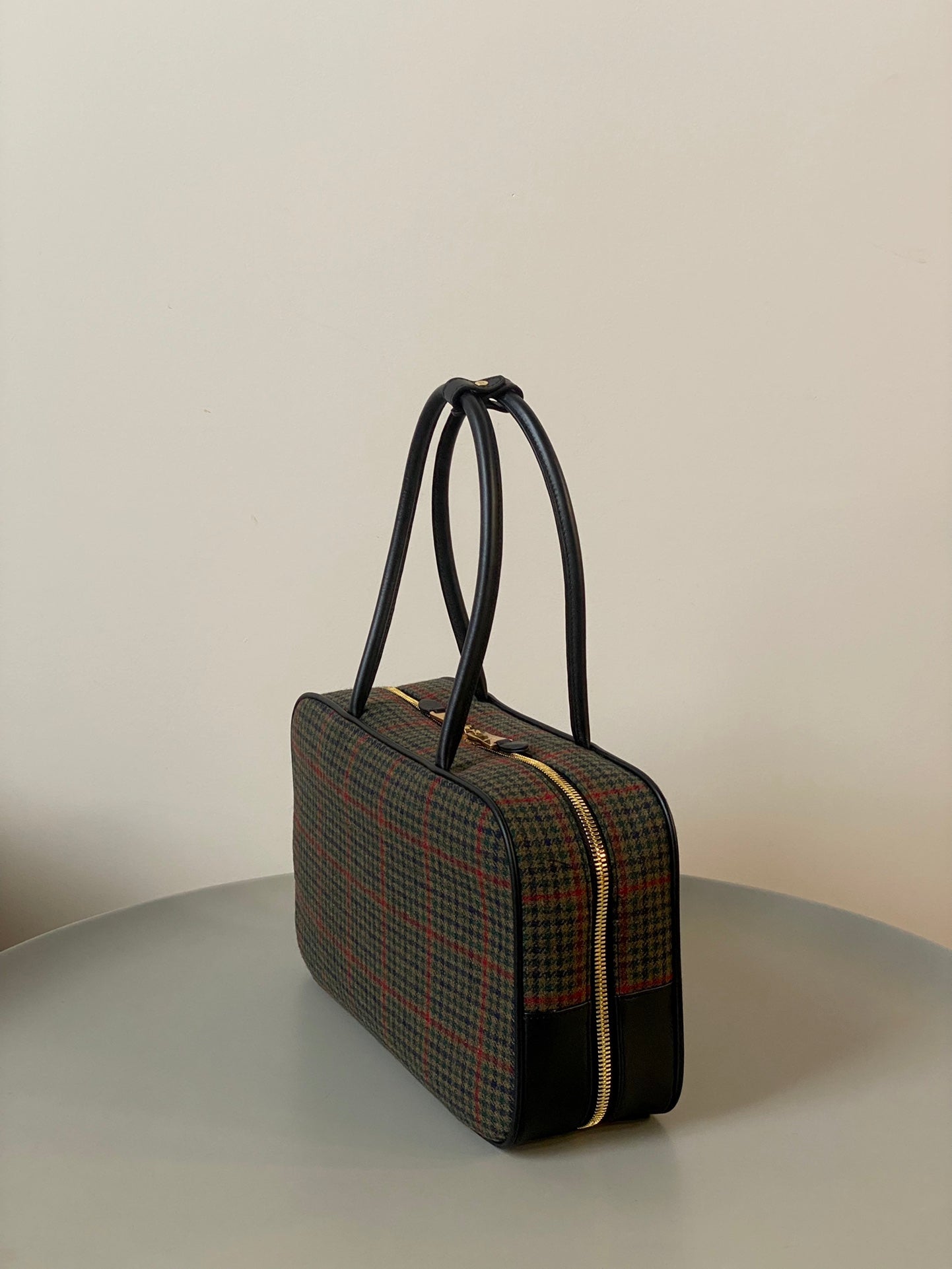 BEAU TOP HANDLE BAG 34 IN LODEN GREEN TARTAN AND BLACK LEATHER TRIM