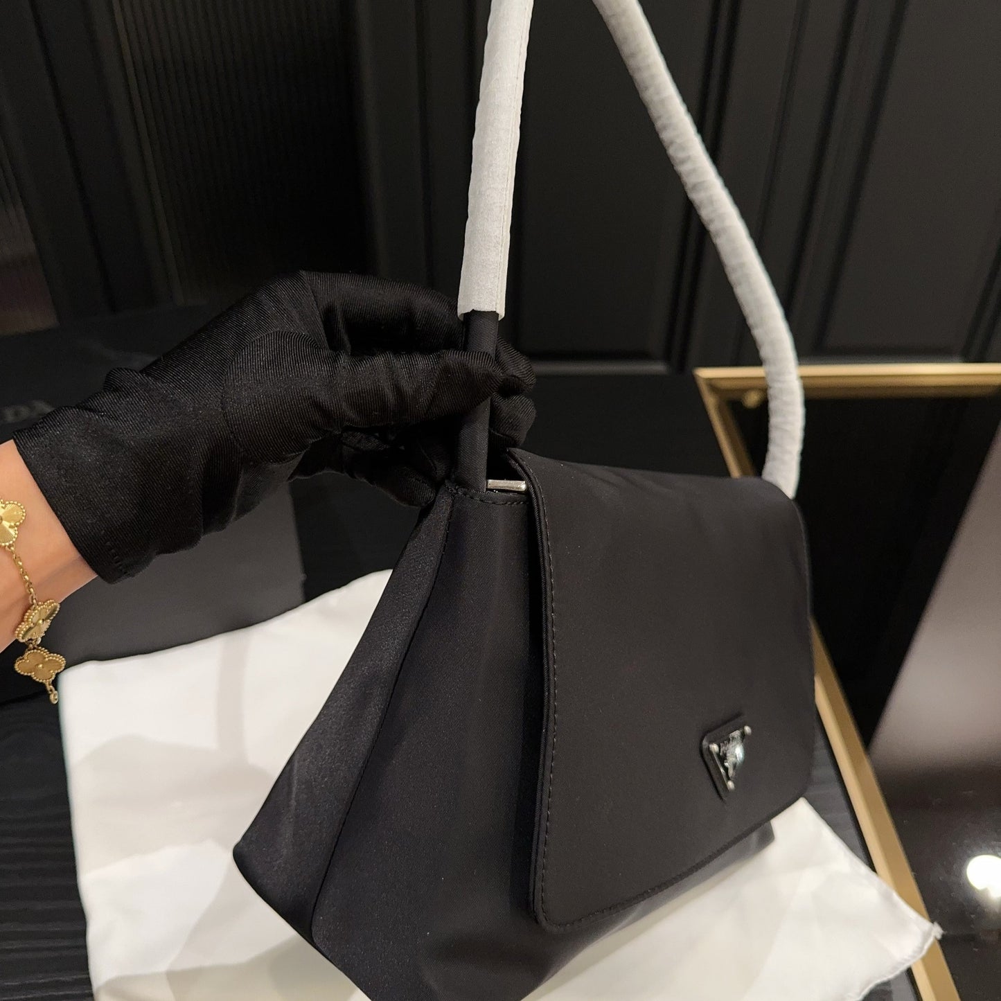 TRIANGLE LOGO SHOULDER BAG 26 IN BLACK RE-NYLON