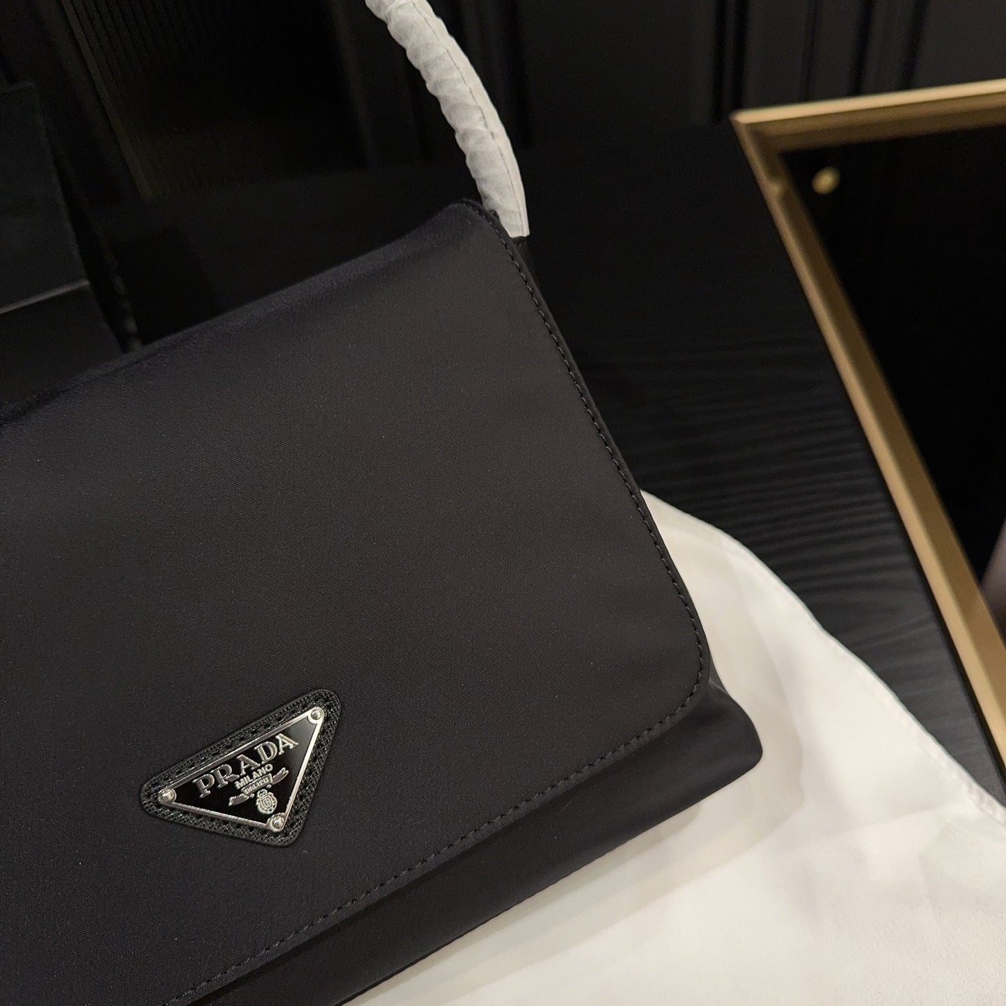 TRIANGLE LOGO SHOULDER BAG 26 IN BLACK RE-NYLON