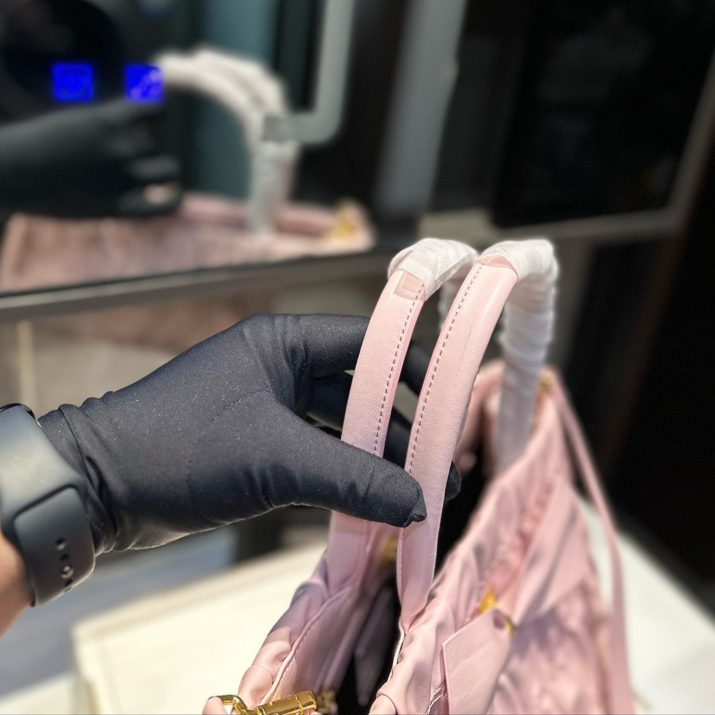 BOW DETAIL RUCHED TOP HANDLE BAG 29 IN LIGHT PINK SAFFIANO LEATHER