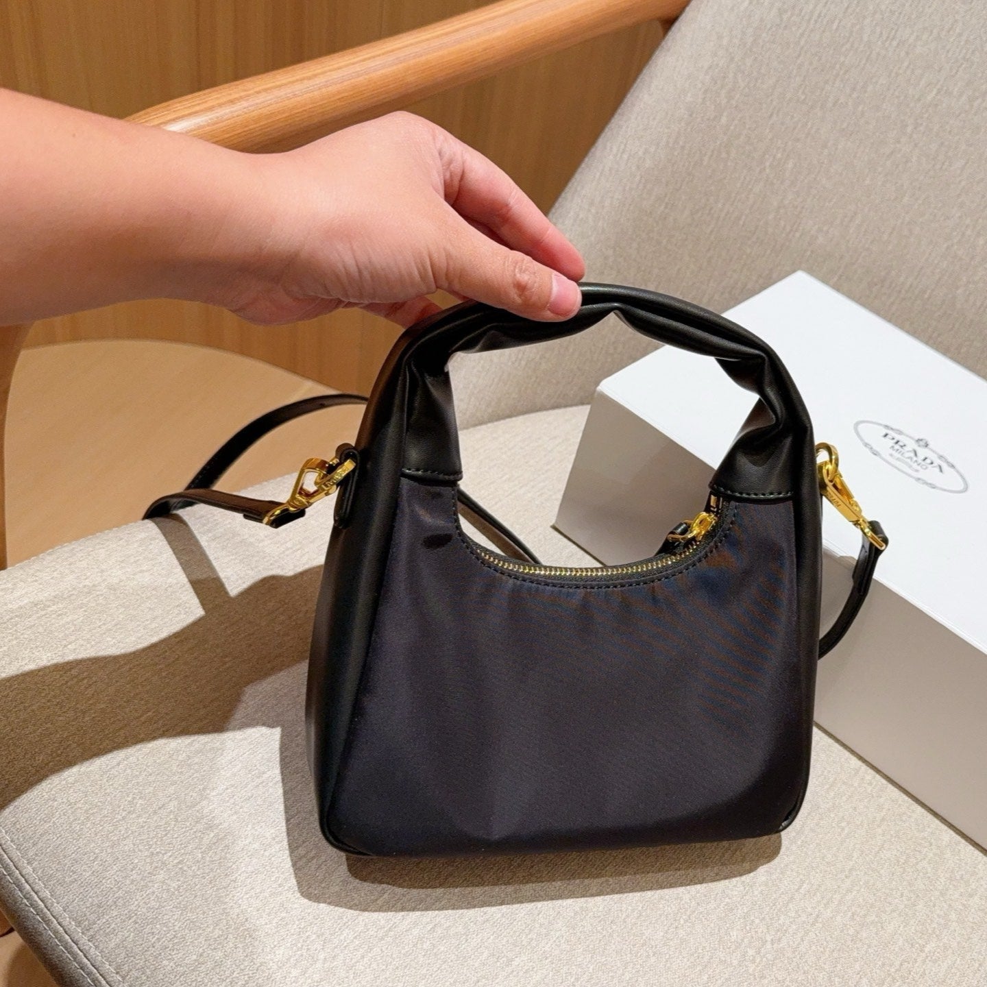 TESSUTO MINI BAG 20 IN BLACK RE-NYLON MIX CALFSKIN WITH BOW