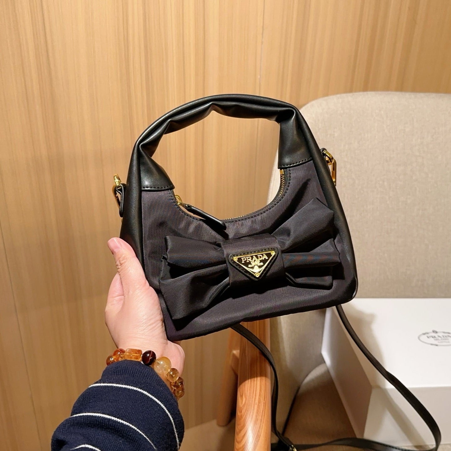 TESSUTO MINI BAG 20 IN BLACK RE-NYLON MIX CALFSKIN WITH BOW