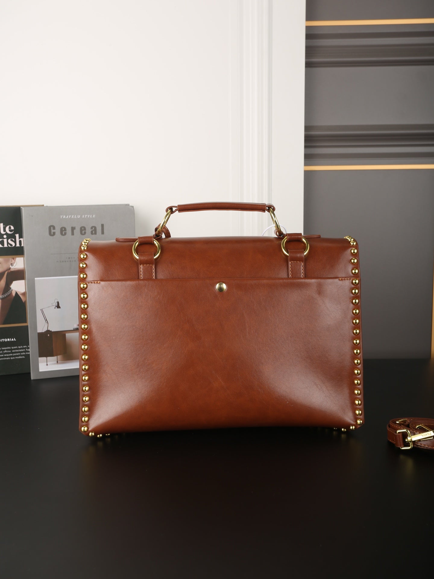STUDDED BRIEFCASE 34 IN BROWN SHINY SMOOTH CALFSKIN