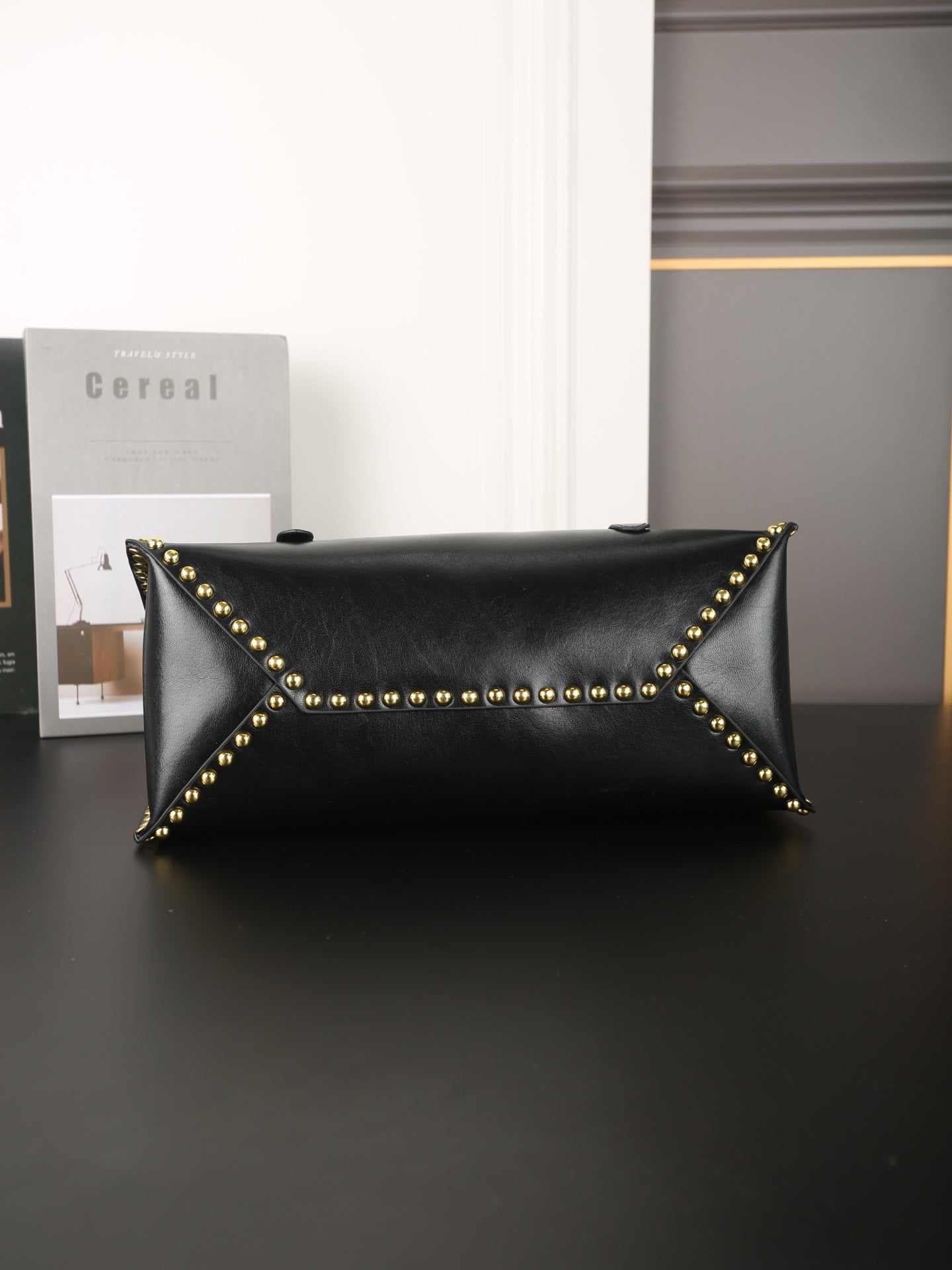 STUDDED BRIEFCASE 34 IN BLACK SHINY SMOOTH CALFSKIN