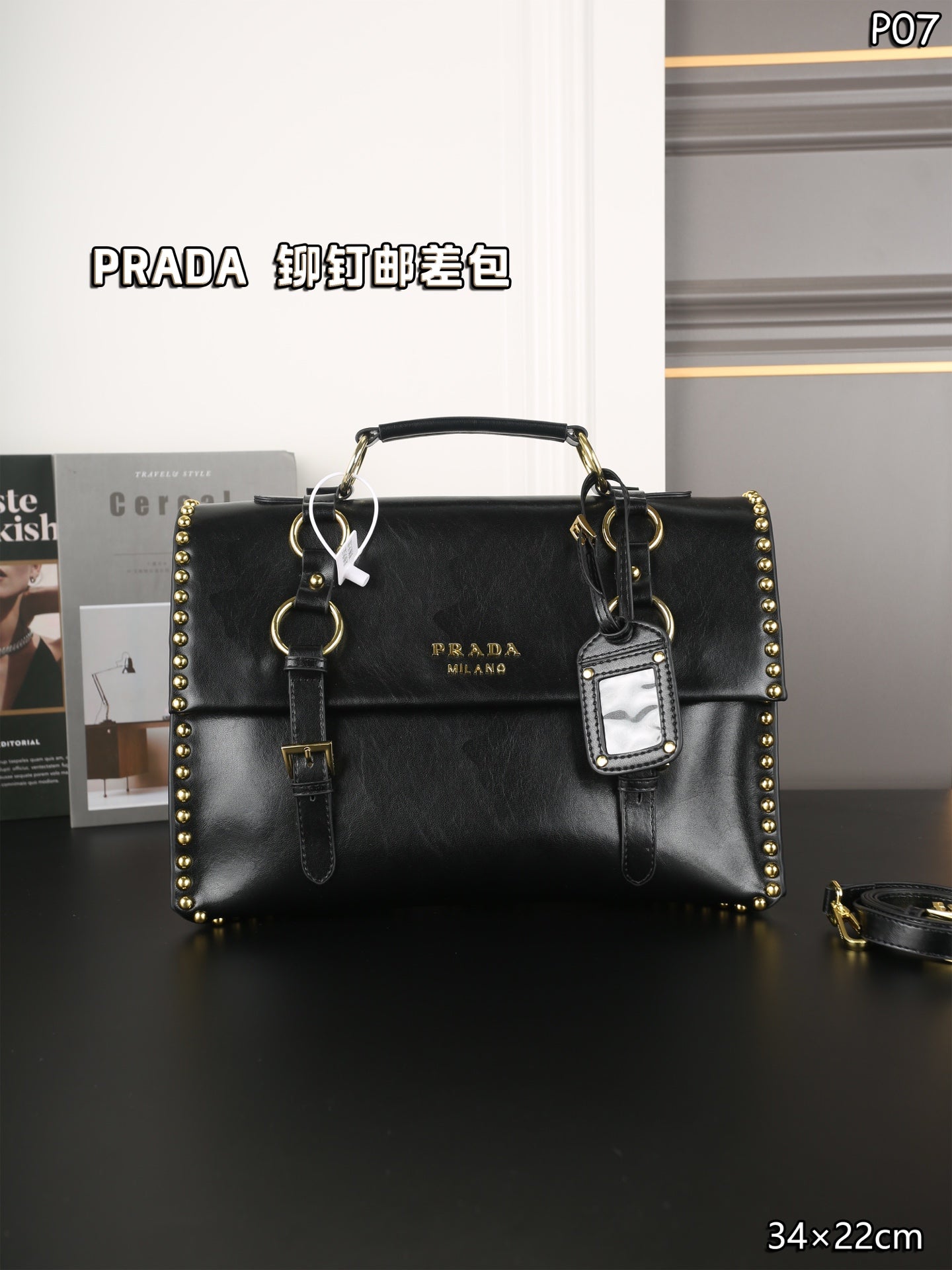 STUDDED BRIEFCASE 34 IN BLACK SHINY SMOOTH CALFSKIN