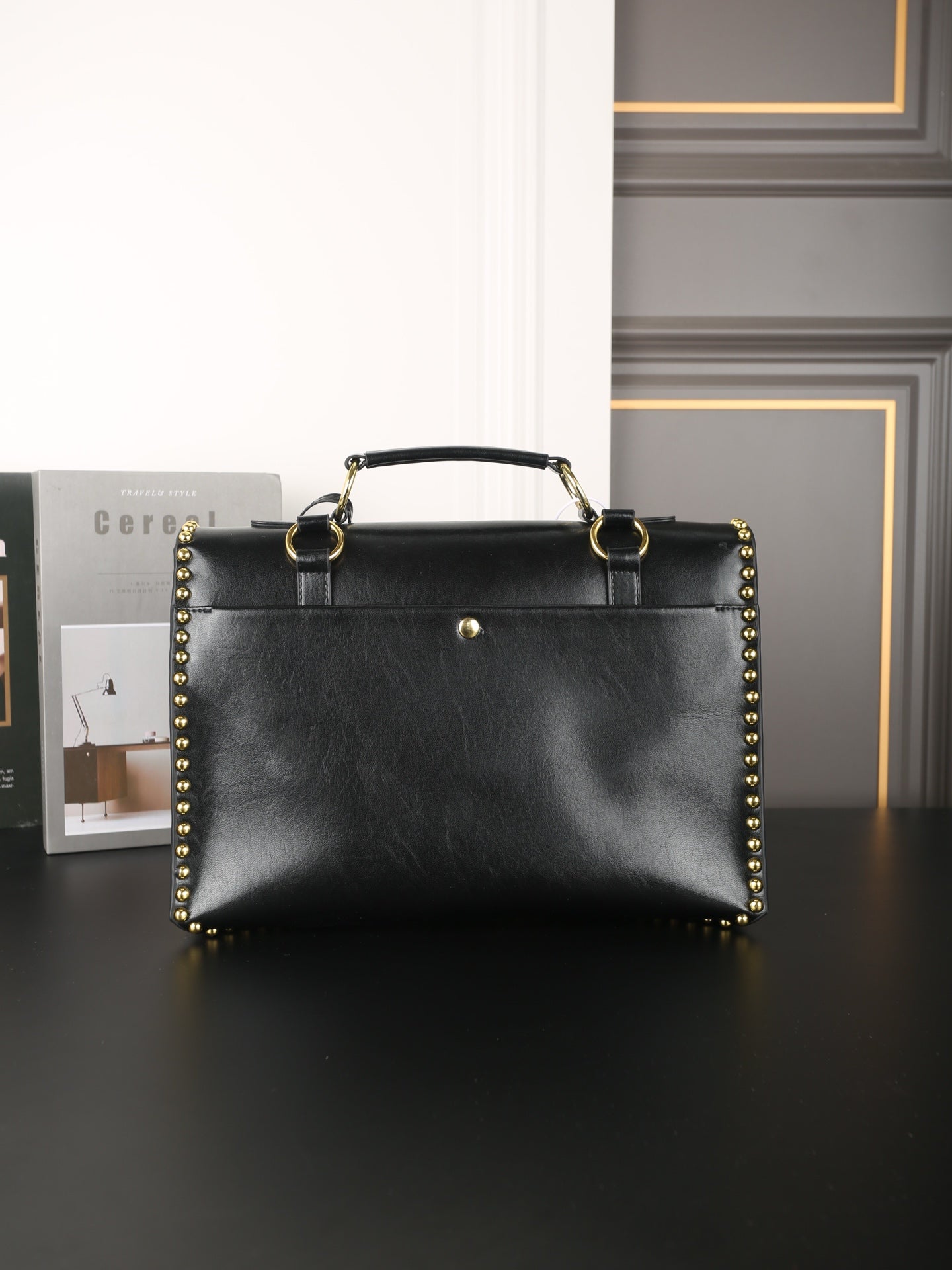 STUDDED BRIEFCASE 34 IN BLACK SHINY SMOOTH CALFSKIN