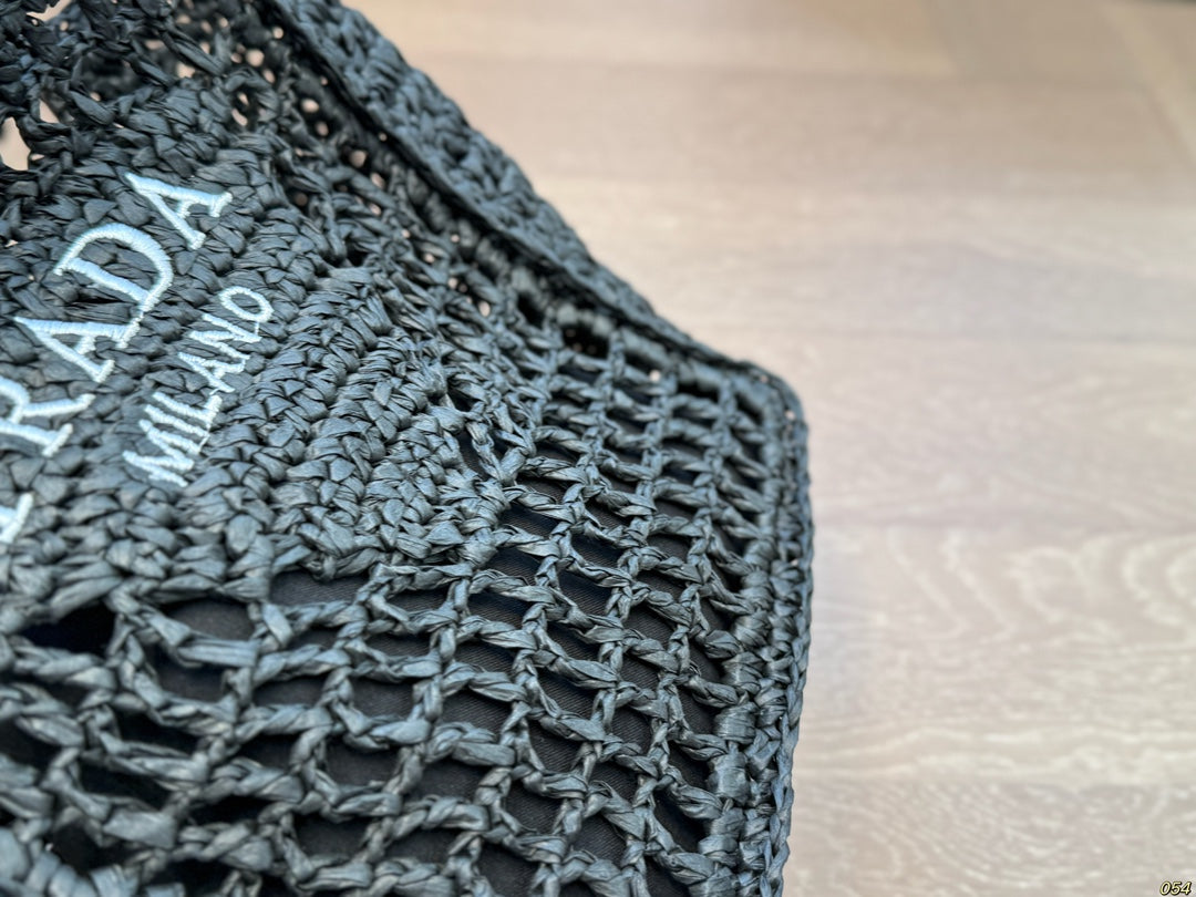 WHITE EMBROIDED LOGO TOTE BAG 22 IN BLACK WOVEN RAFFIA