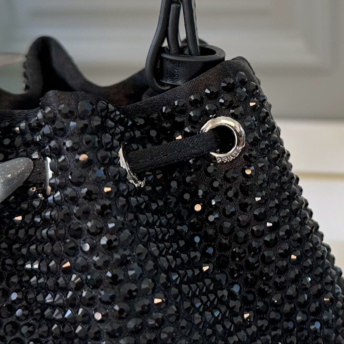 STUDDED BUCKET BAG 19 IN BLACK RE-NYLON MIX CALFSKIN