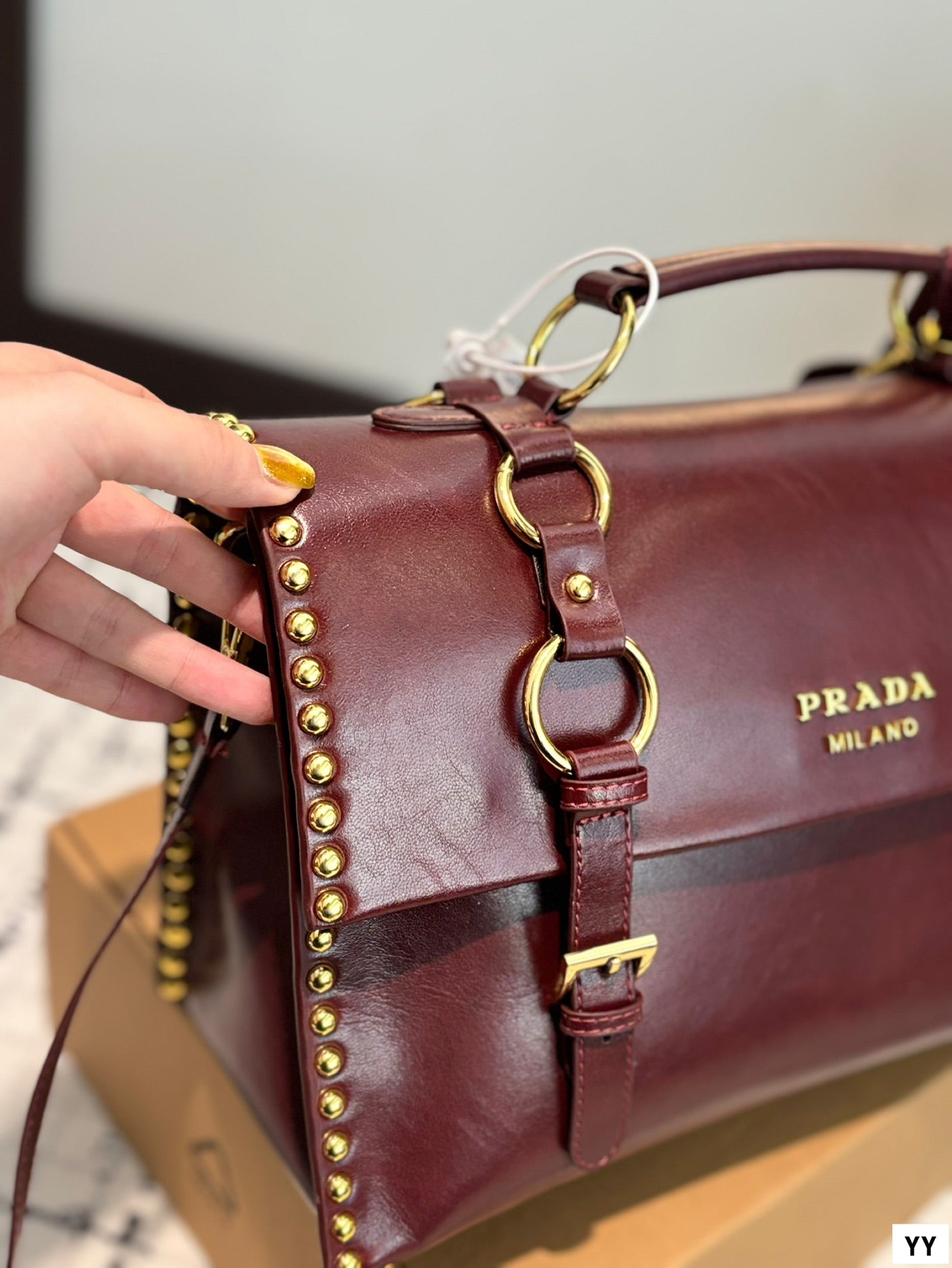 STUDDED BRIEFCASE 34 IN BURGUNDY RED SHINY SMOOTH CALFSKIN