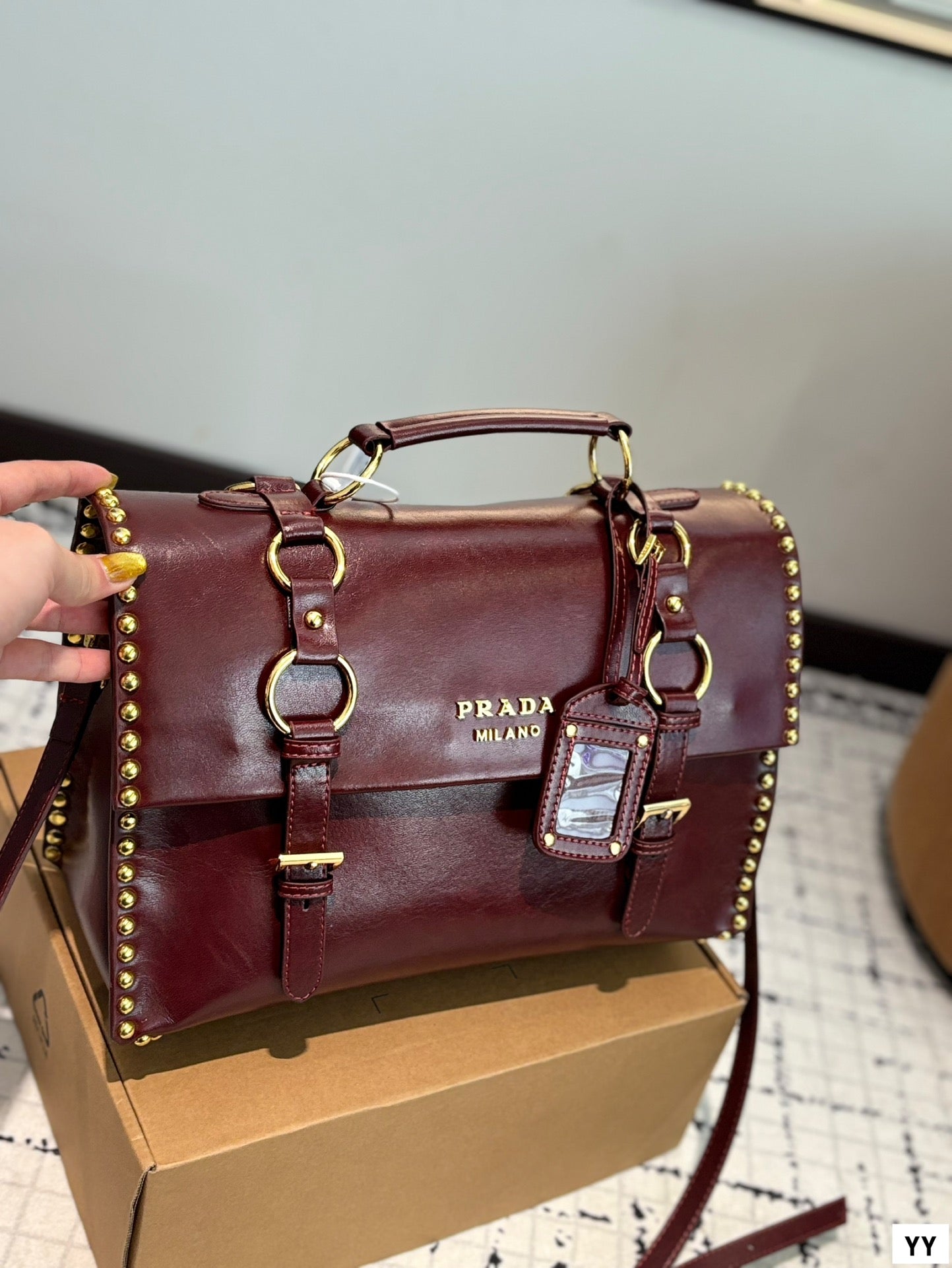 STUDDED BRIEFCASE 34 IN BURGUNDY RED SHINY SMOOTH CALFSKIN