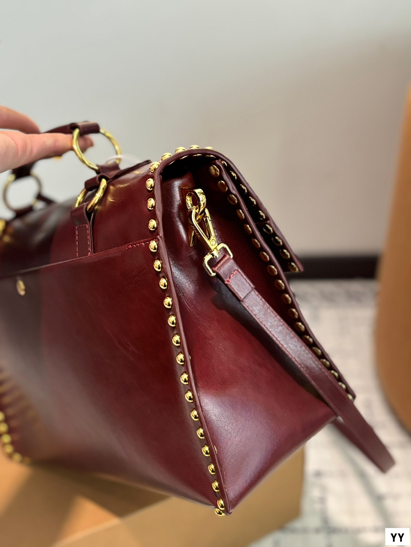 STUDDED BRIEFCASE 34 IN BURGUNDY RED SHINY SMOOTH CALFSKIN