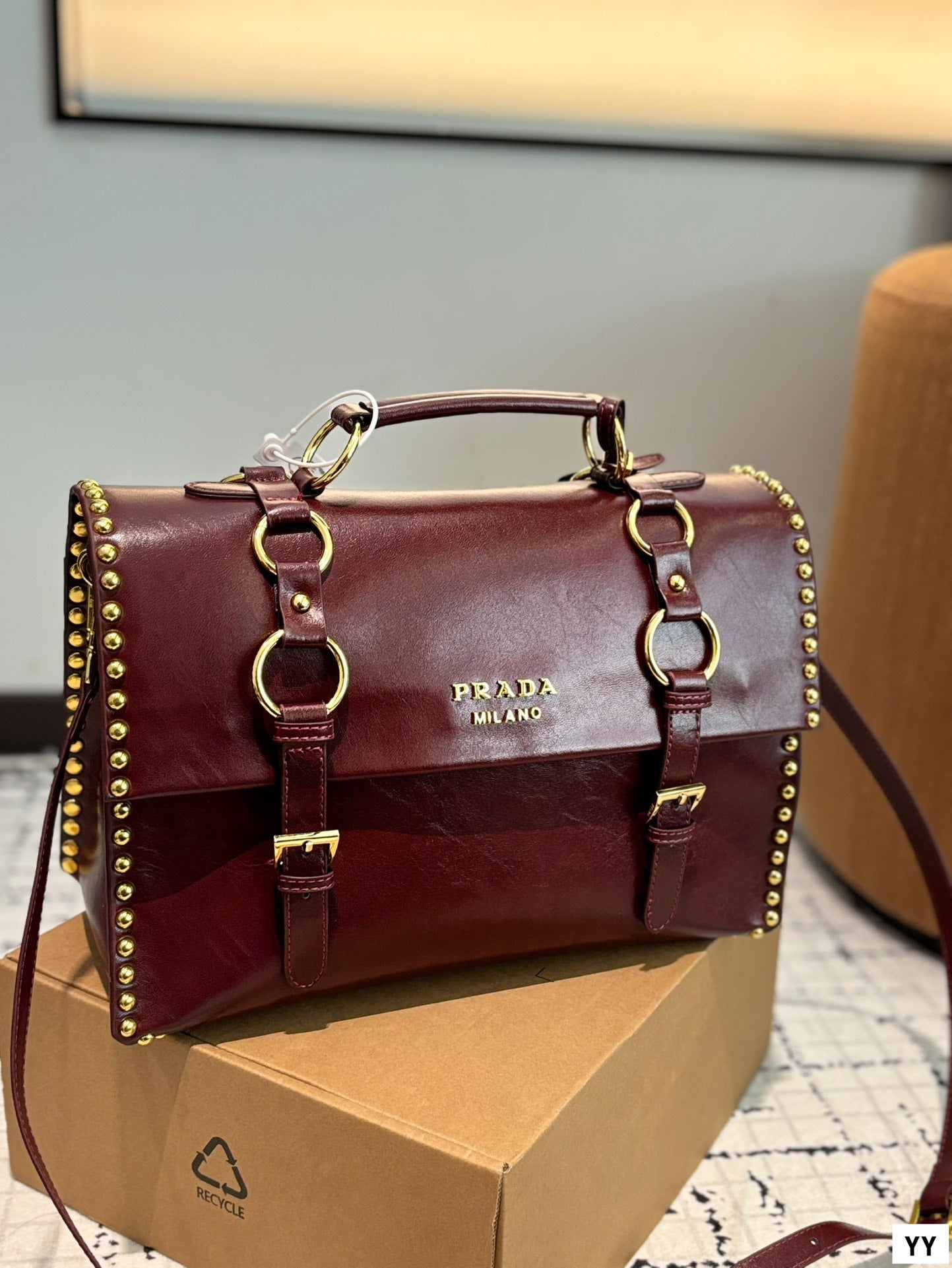 STUDDED BRIEFCASE 34 IN BURGUNDY RED SHINY SMOOTH CALFSKIN