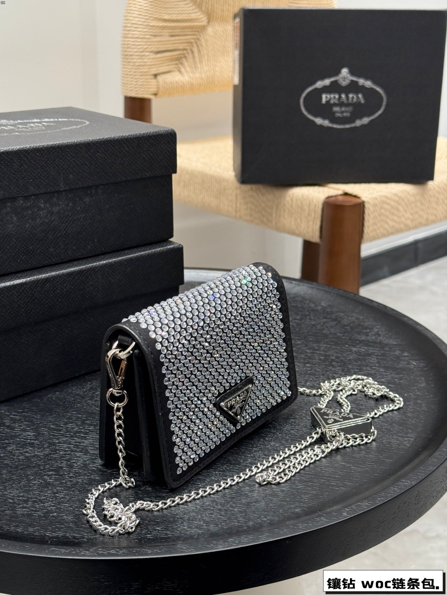 STUDDED CRYSTAL WALLET ON CHAIN 13 IN BLACK CALFSKIN
