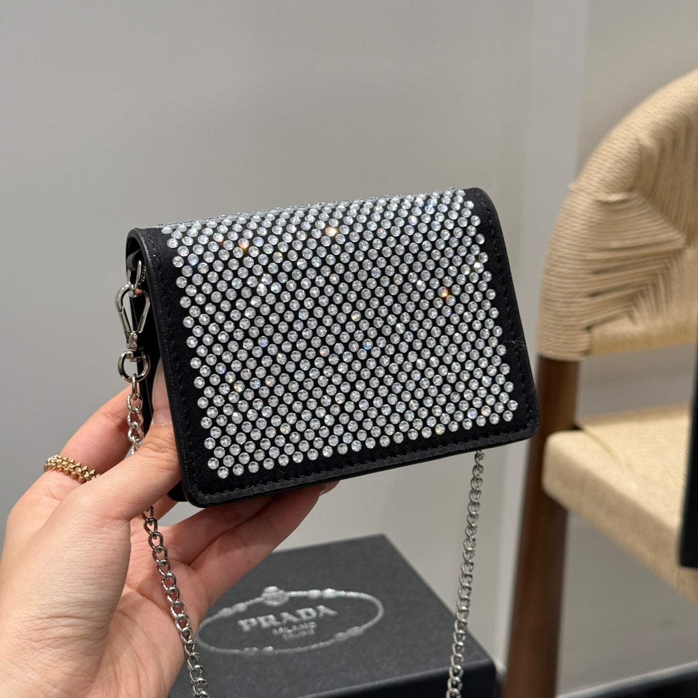 STUDDED CRYSTAL WALLET ON CHAIN 13 IN BLACK CALFSKIN