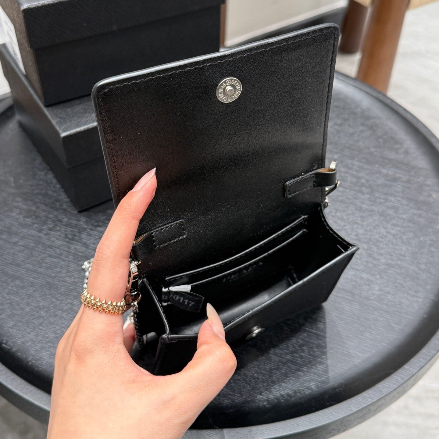 STUDDED CRYSTAL WALLET ON CHAIN 13 IN BLACK CALFSKIN