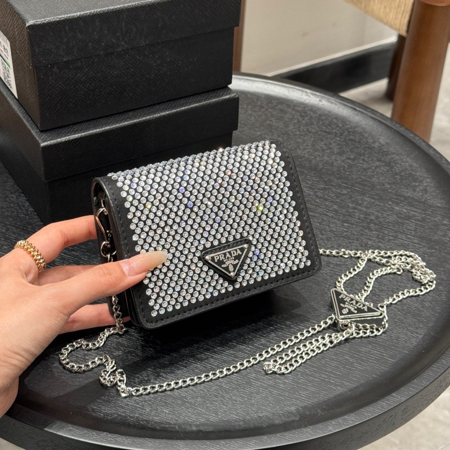 STUDDED CRYSTAL WALLET ON CHAIN 13 IN BLACK CALFSKIN