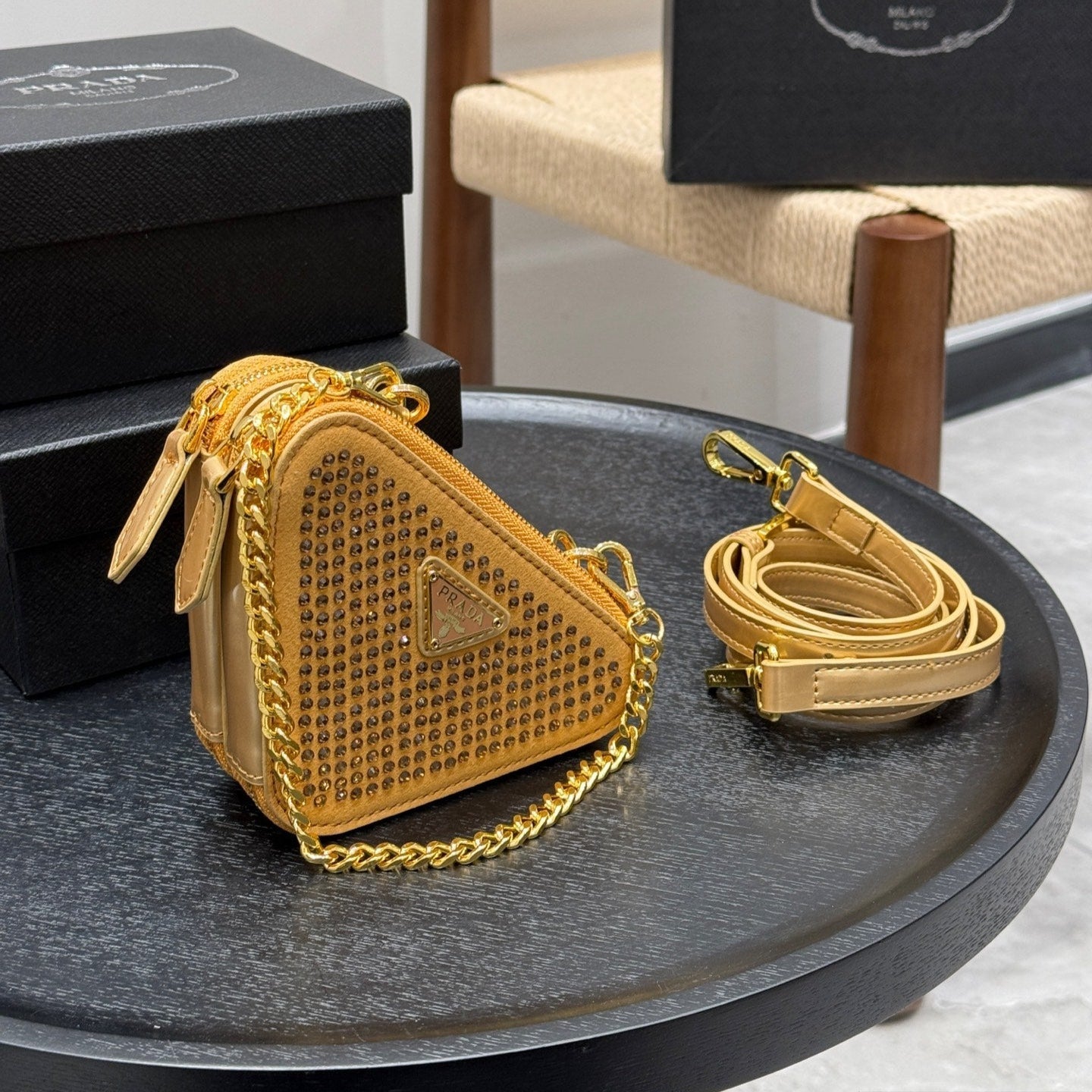 STUDDED CRYSTAL TRIANGLE 15 SHOULDER BAG IN YELLOW CALFSKIN
