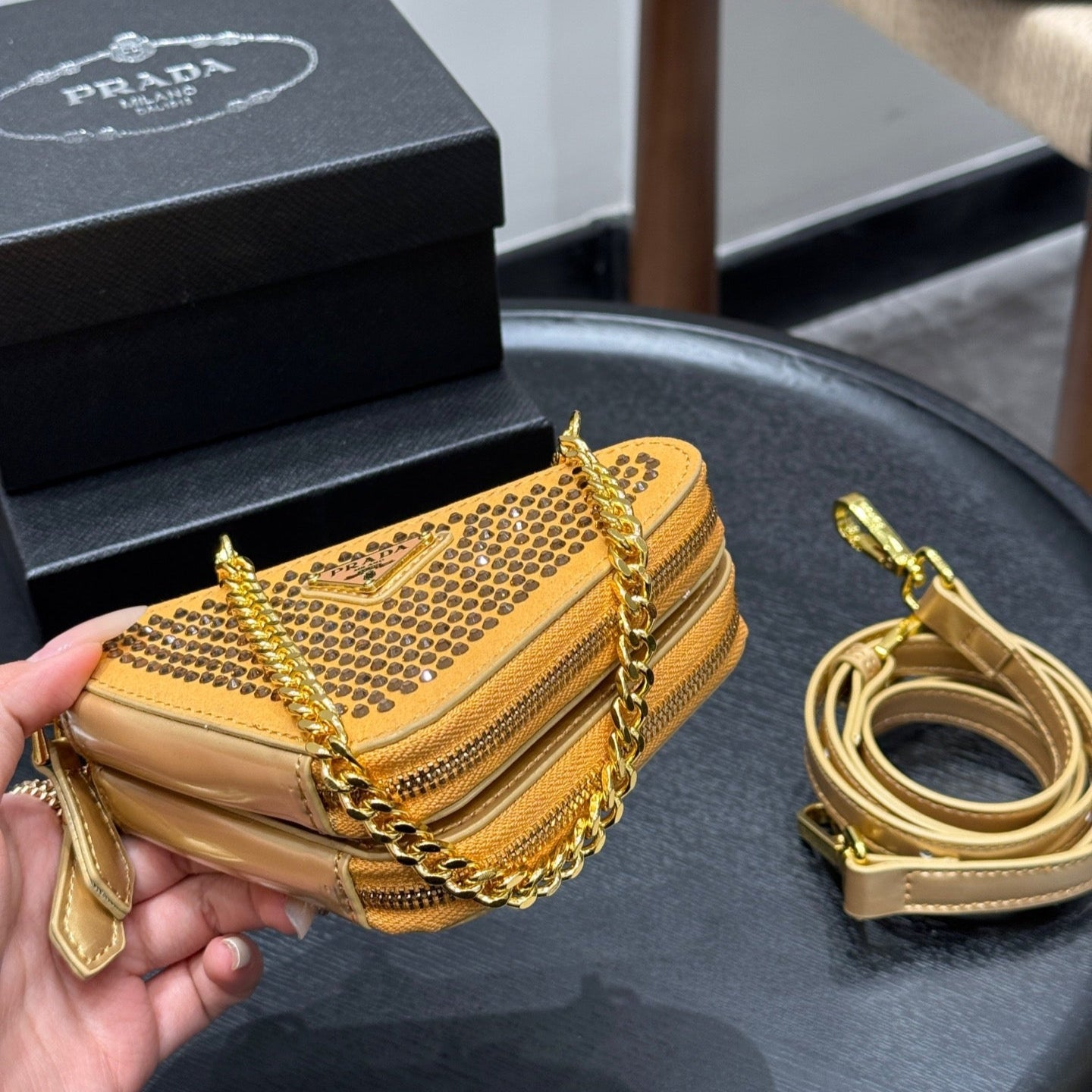 STUDDED CRYSTAL TRIANGLE 15 SHOULDER BAG IN YELLOW CALFSKIN