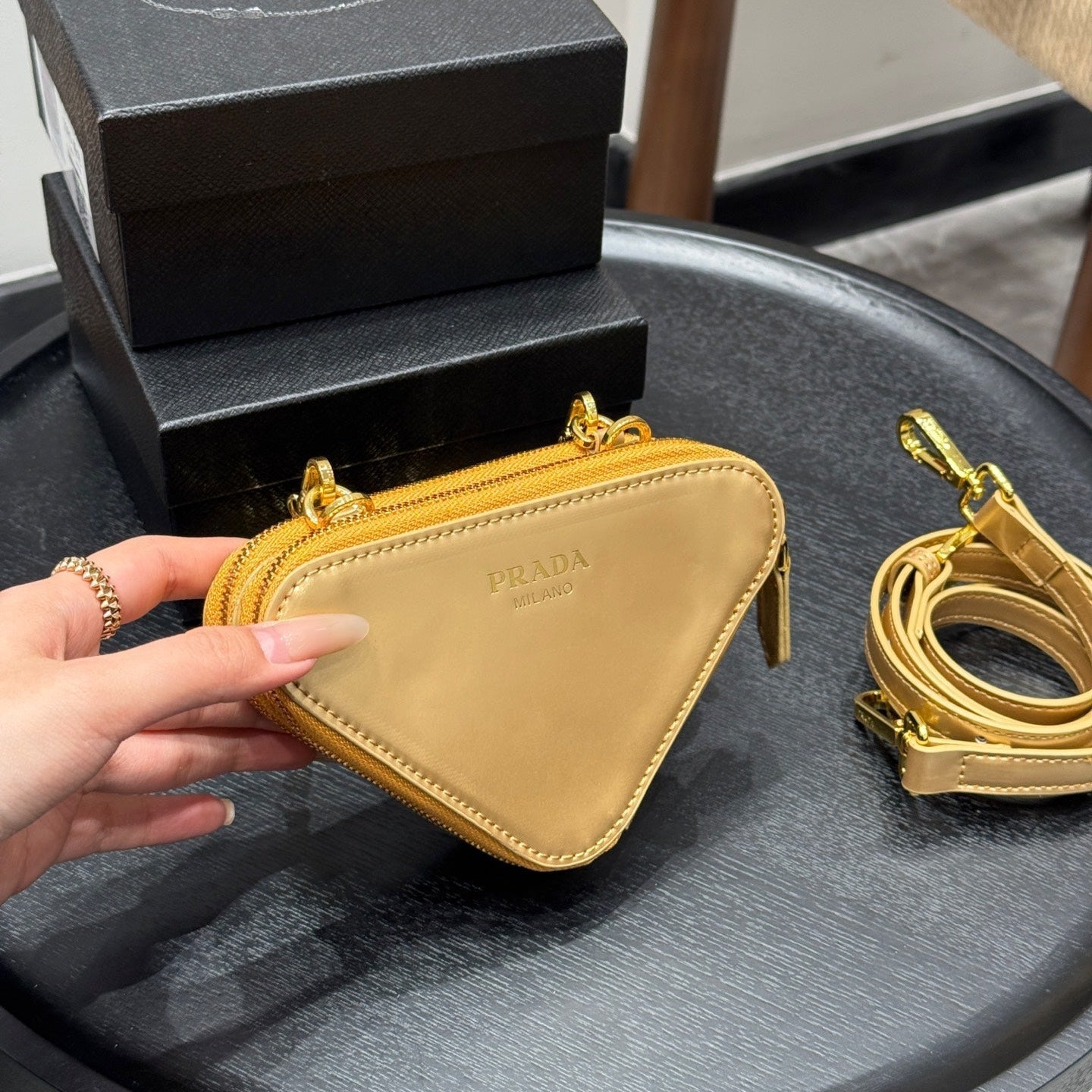 STUDDED CRYSTAL TRIANGLE 15 SHOULDER BAG IN YELLOW CALFSKIN