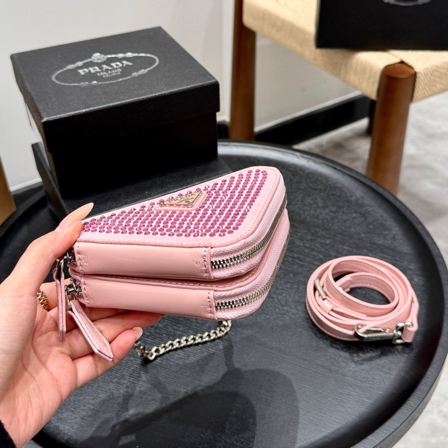 STUDDED CRYSTAL TRIANGLE 15 SHOULDER BAG IN PINK CALFSKIN