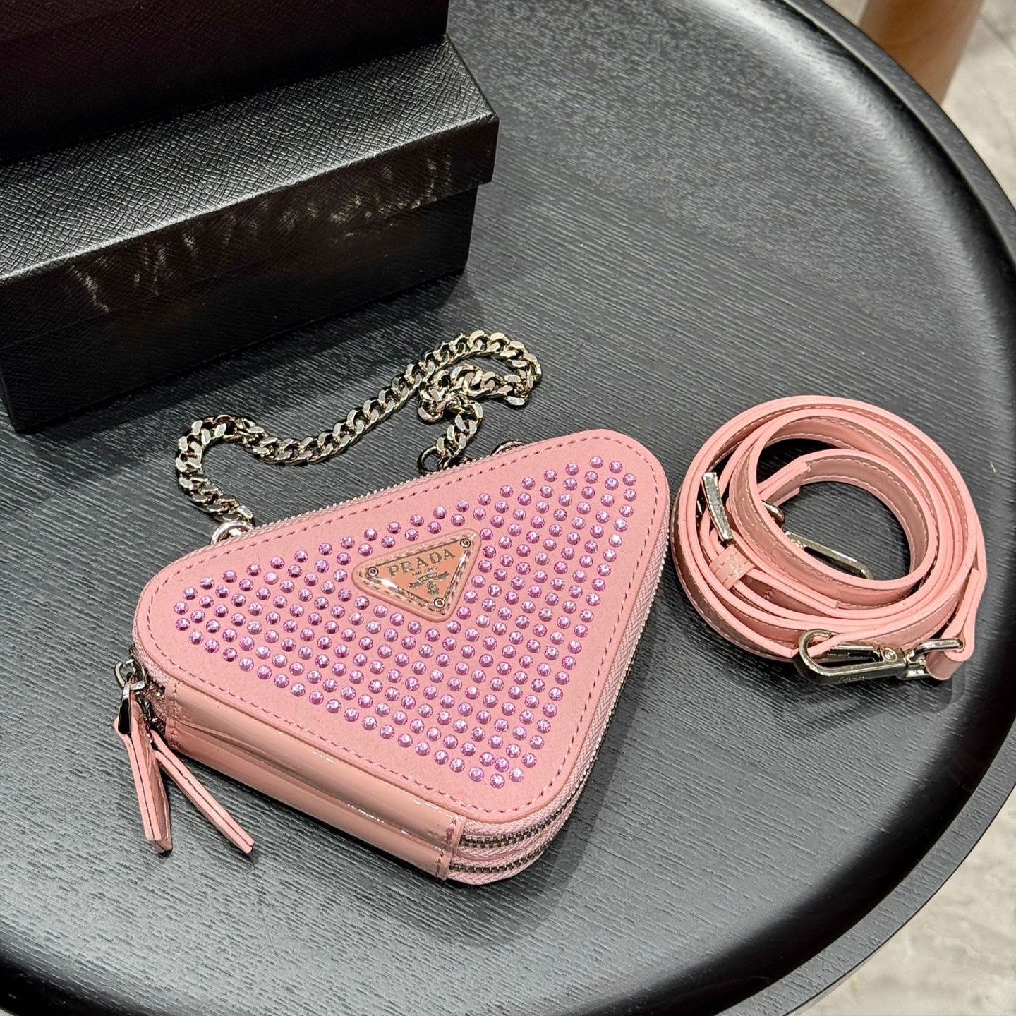 STUDDED CRYSTAL TRIANGLE 15 SHOULDER BAG IN PINK CALFSKIN