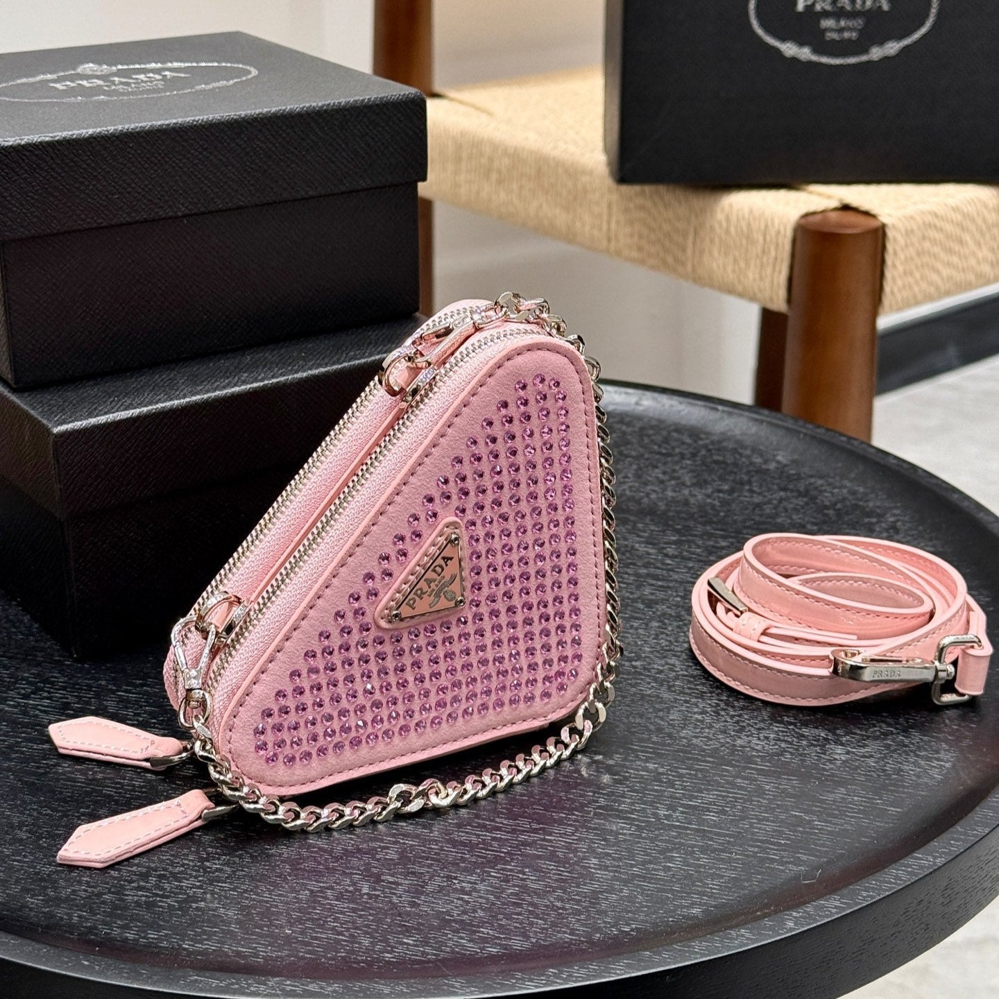 STUDDED CRYSTAL TRIANGLE 15 SHOULDER BAG IN PINK CALFSKIN