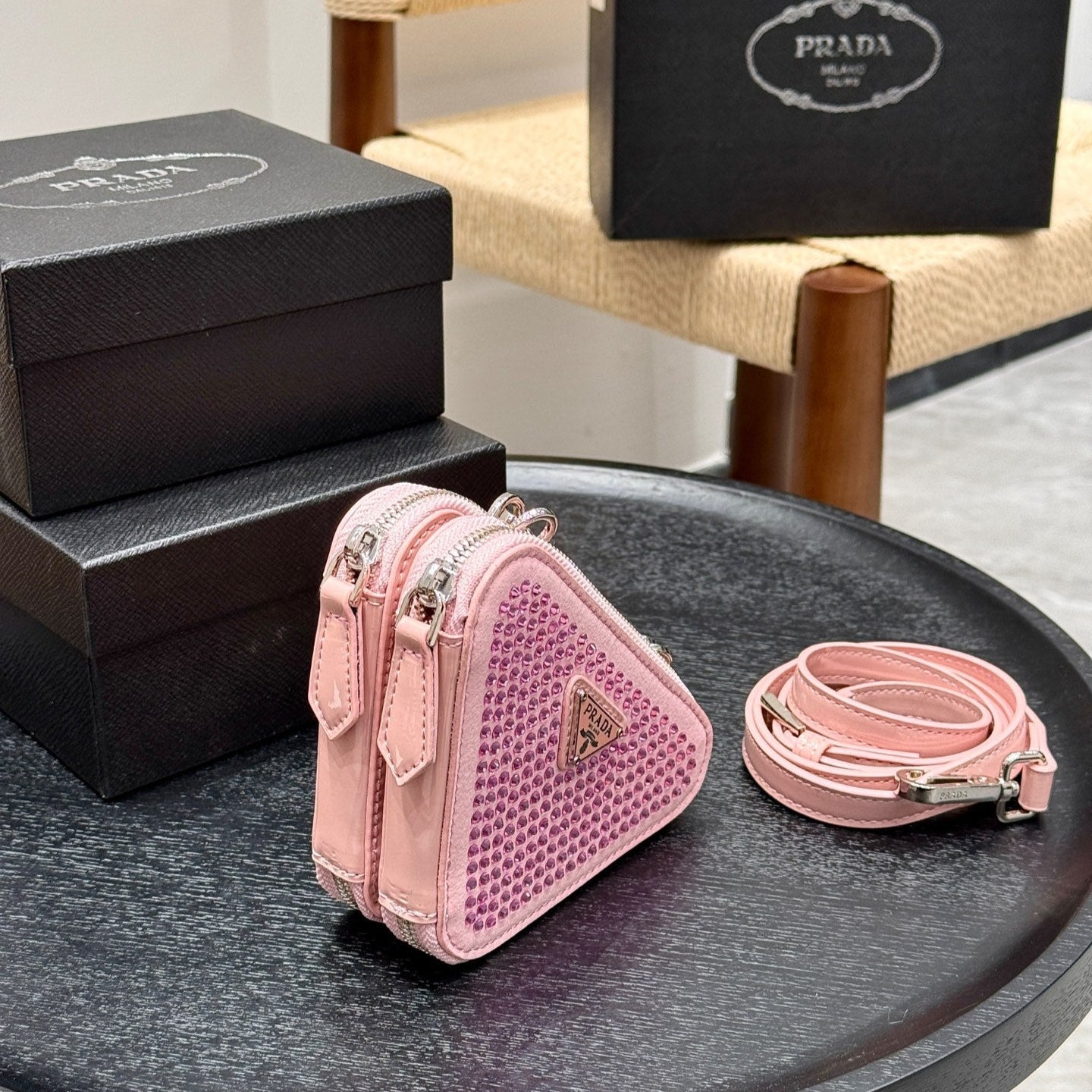 STUDDED CRYSTAL TRIANGLE 15 SHOULDER BAG IN PINK CALFSKIN