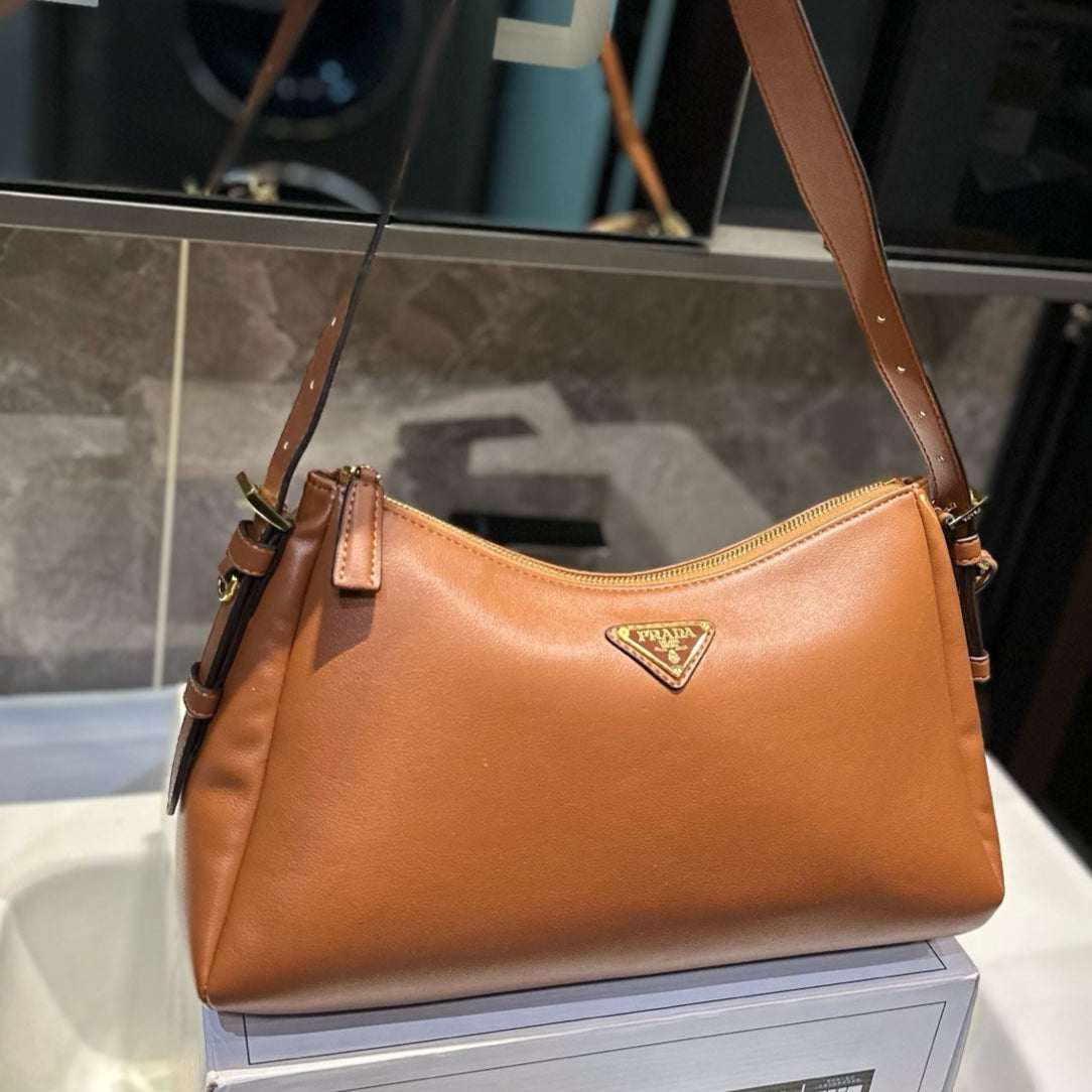 TRIANGLE LOGO HOBO BAG 34 IN BROWN SMOOTH CALFSKIN
