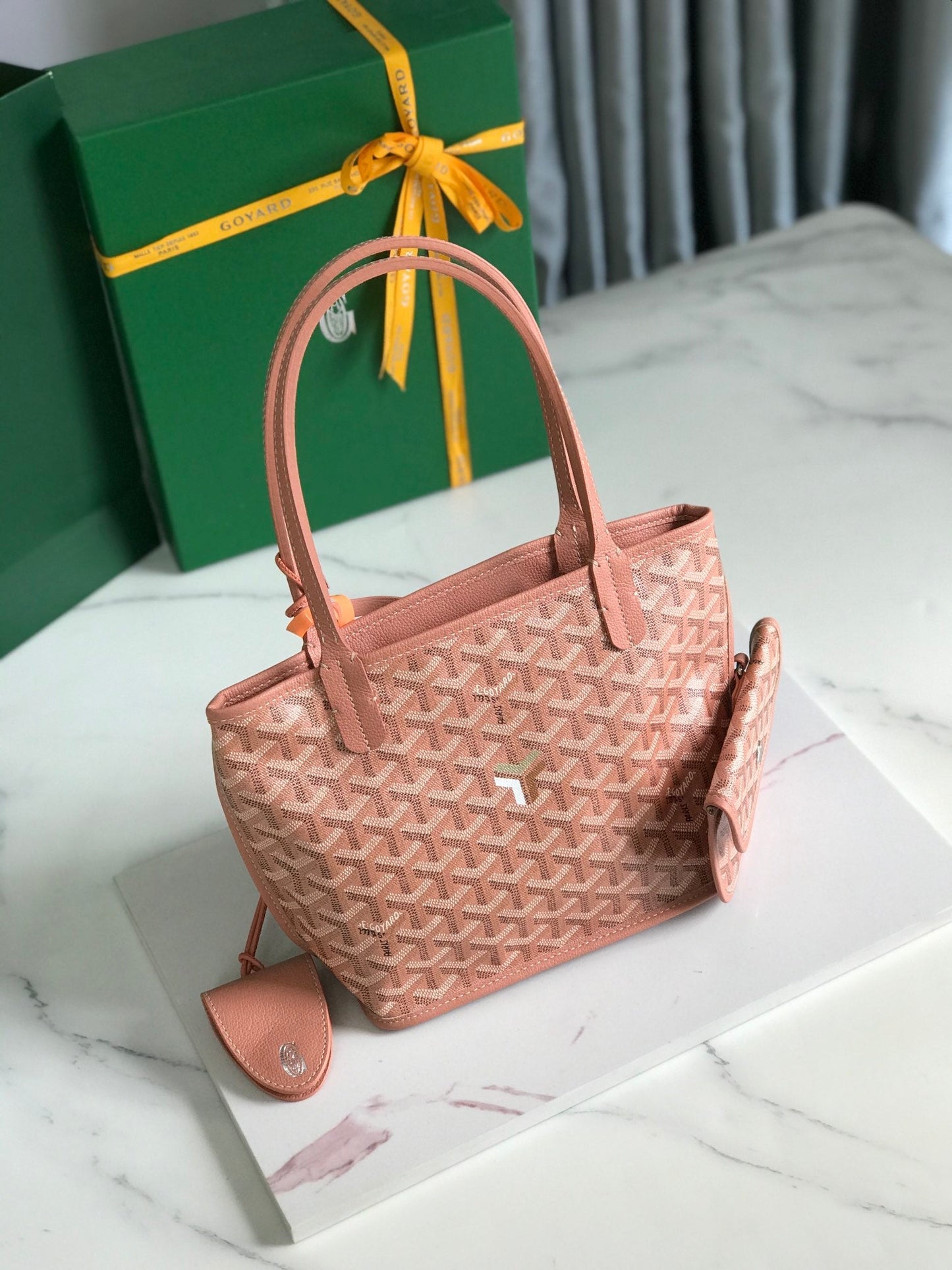 ANJOU MINI BAG 20 IN MANHATTAN PINK CALFSKIN AND GOYARDINE CANVAS