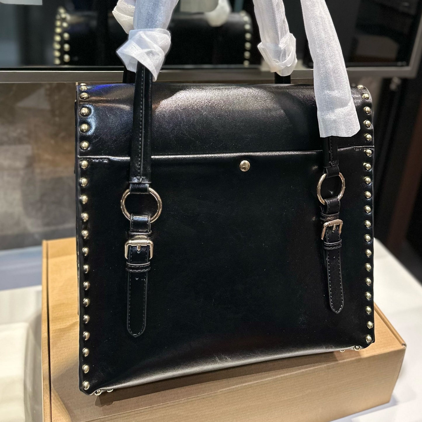 STUDDED TOP HANDLE BAG 33 IN BLACK SMOOTH CALFSKIN
