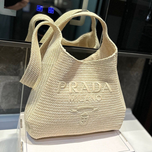 BEIGE EMBROIDED LOGO TOTE BAG 32 IN BEIGE WOVEN RAFFIA