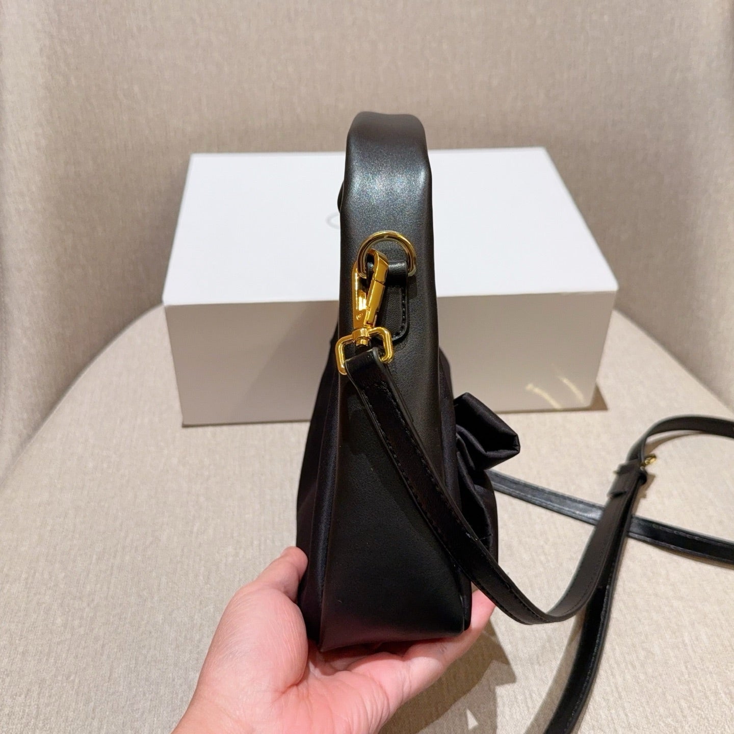 TESSUTO MINI BAG 20 IN BLACK RE-NYLON MIX CALFSKIN WITH BOW