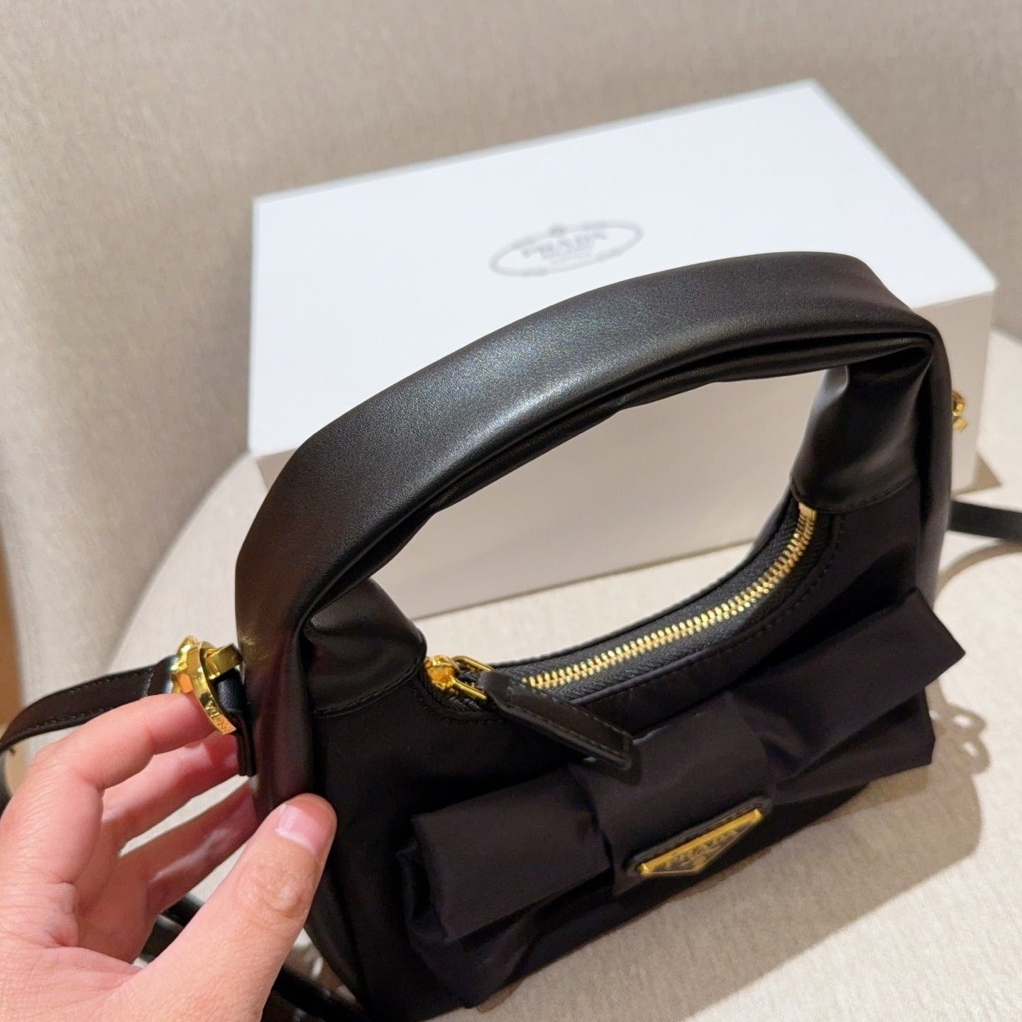 TESSUTO MINI BAG 20 IN BLACK RE-NYLON MIX CALFSKIN WITH BOW
