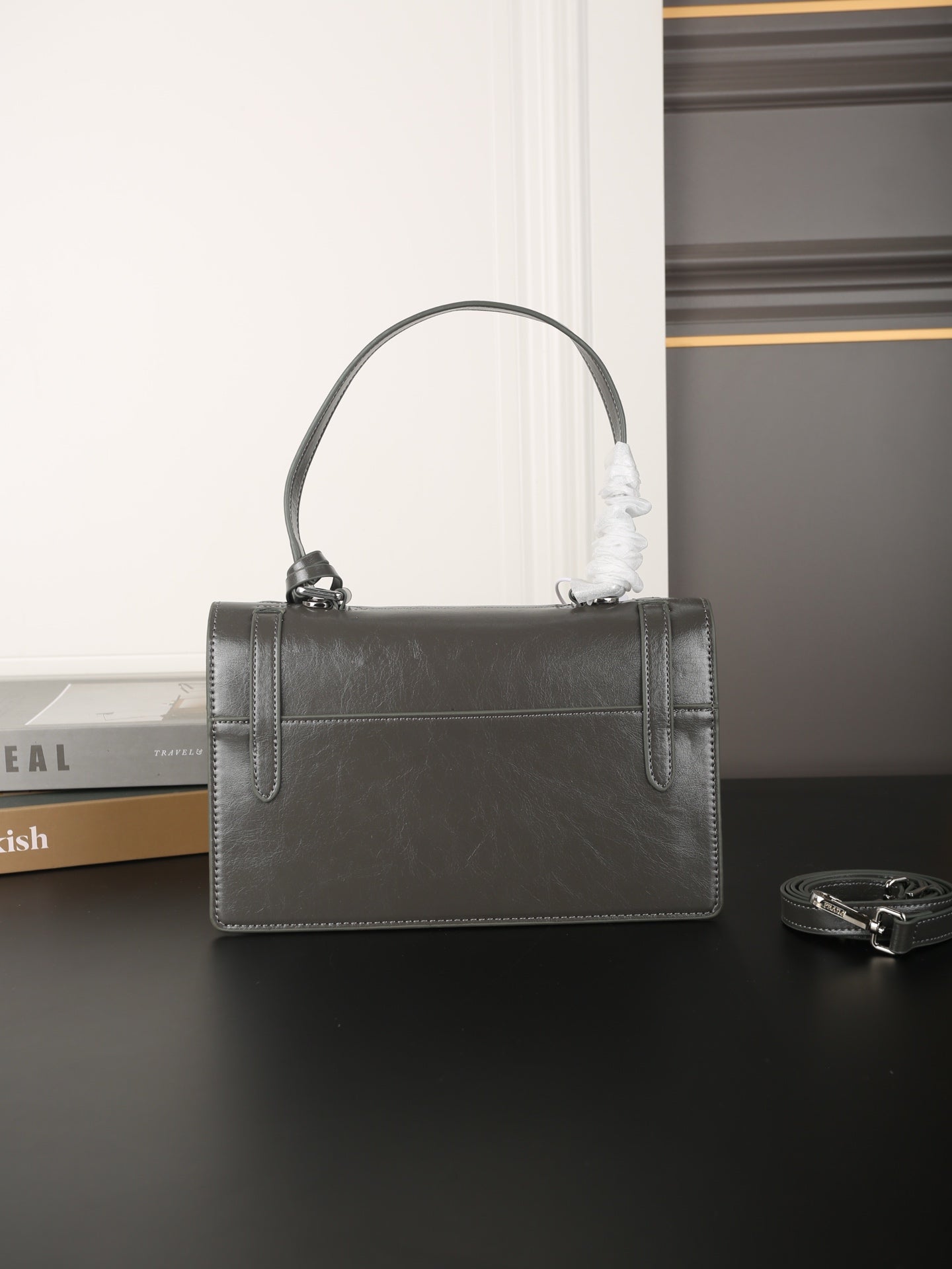 WORK BRIEFCASE 33 IN CHARCOAL GREY SHINY SMOOTH CALFSKIN