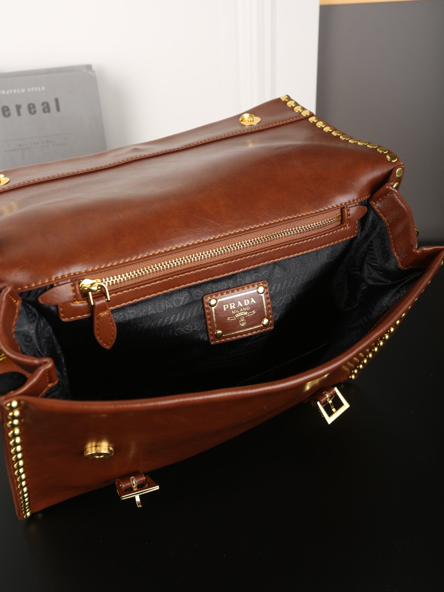 STUDDED BRIEFCASE 34 IN BROWN SHINY SMOOTH CALFSKIN