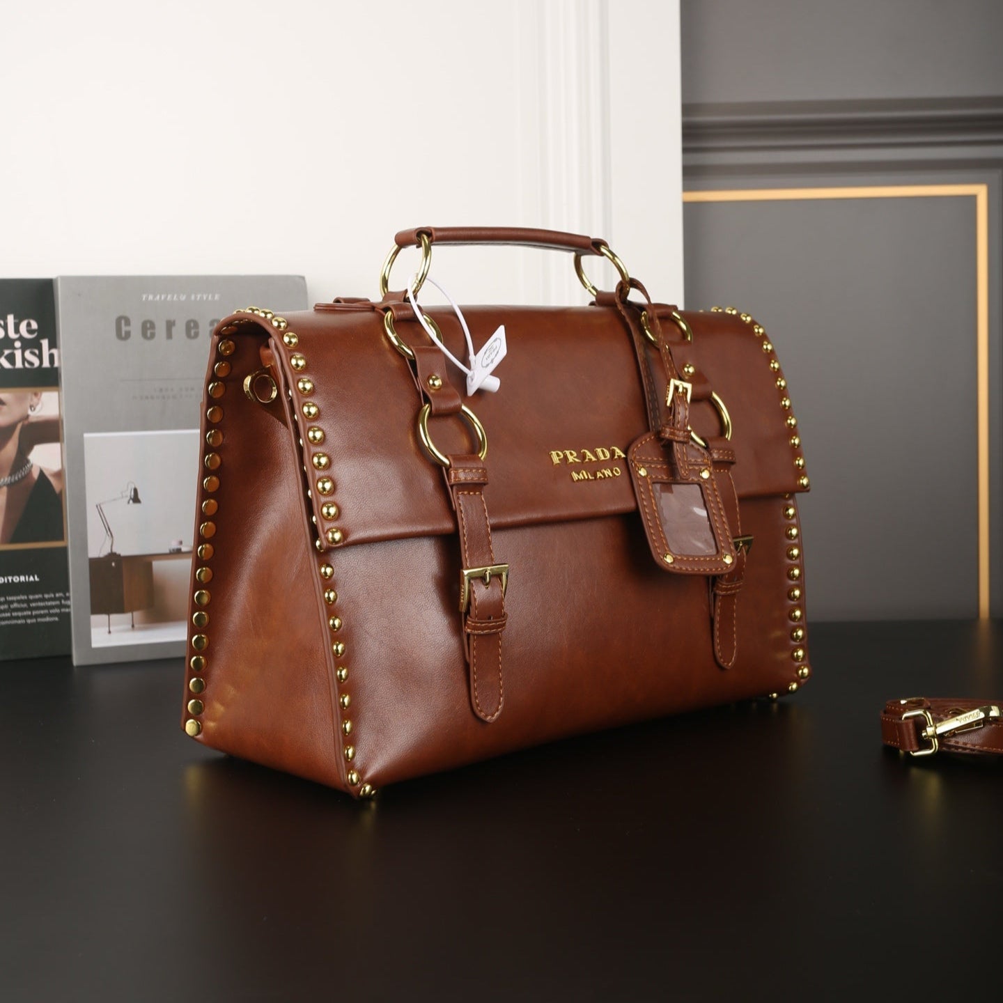 STUDDED BRIEFCASE 34 IN BROWN SHINY SMOOTH CALFSKIN