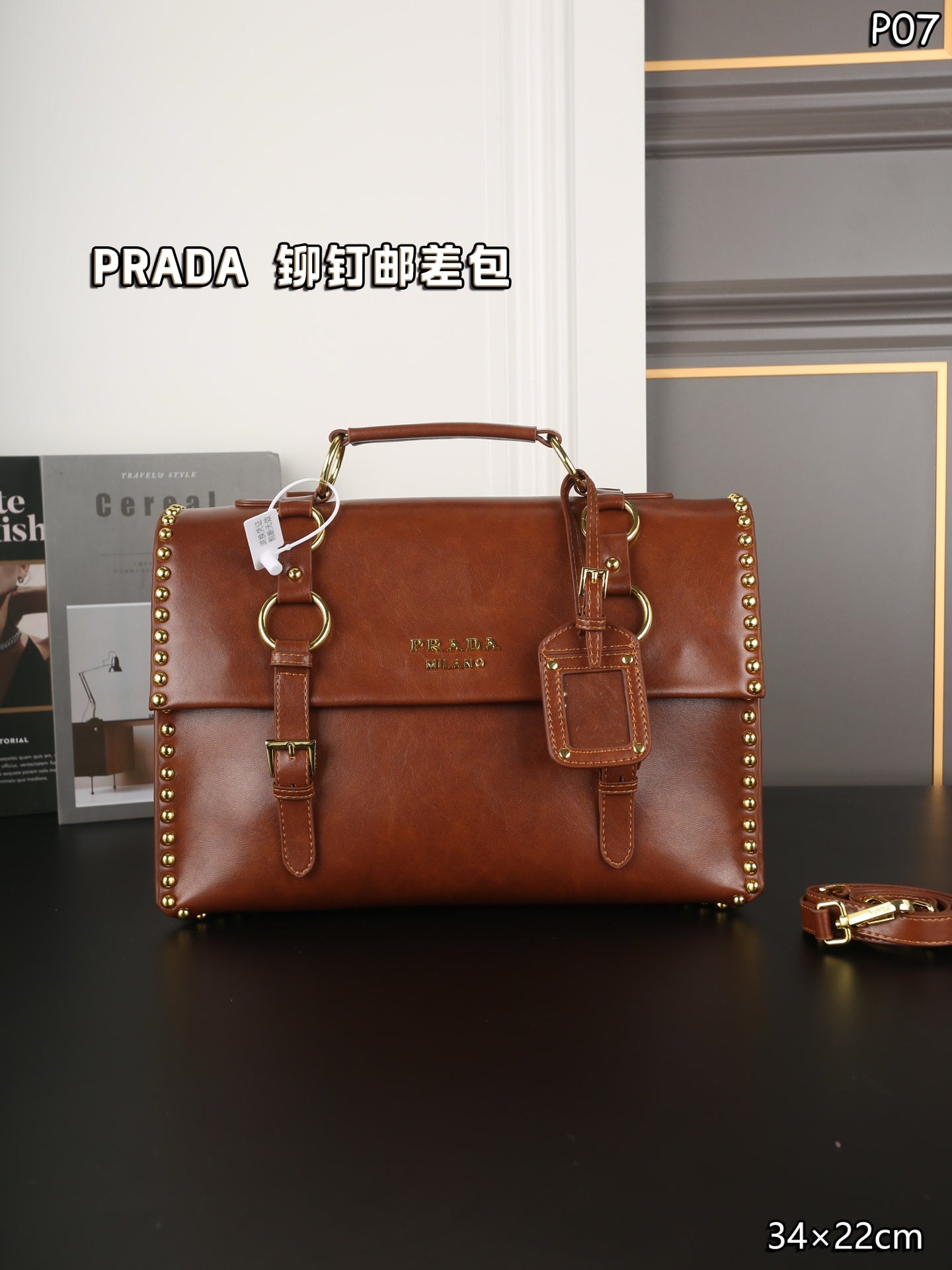 STUDDED BRIEFCASE 34 IN BROWN SHINY SMOOTH CALFSKIN