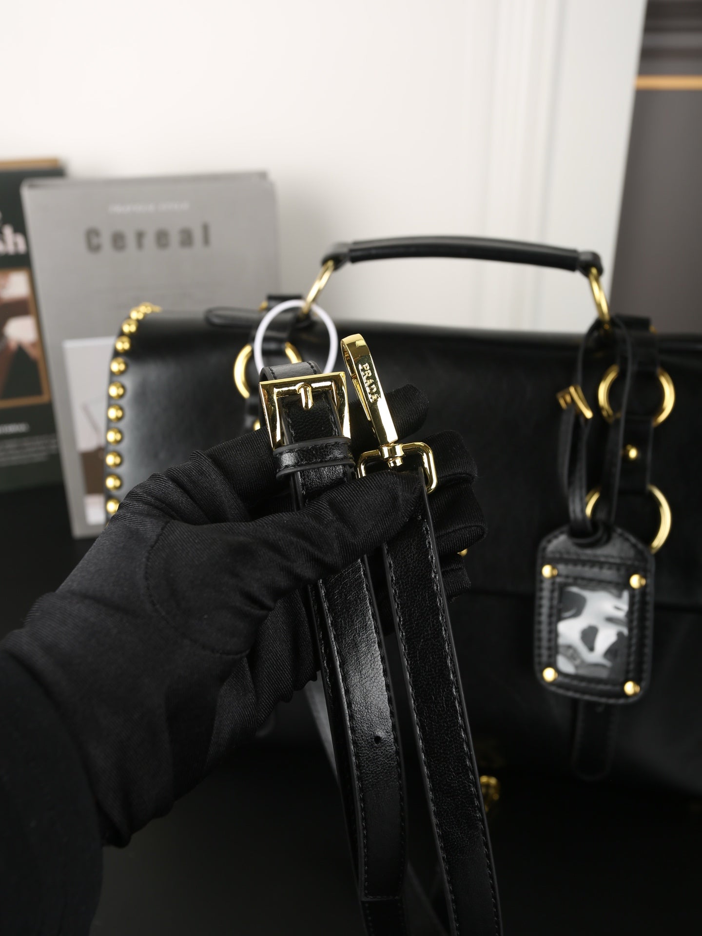 STUDDED BRIEFCASE 34 IN BLACK SHINY SMOOTH CALFSKIN