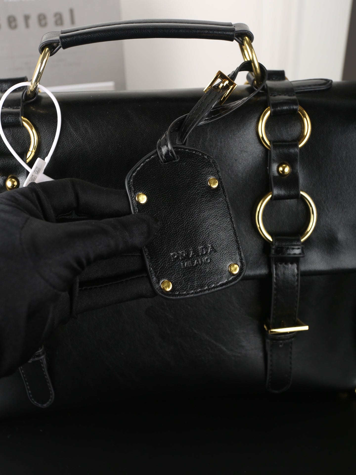 STUDDED BRIEFCASE 34 IN BLACK SHINY SMOOTH CALFSKIN