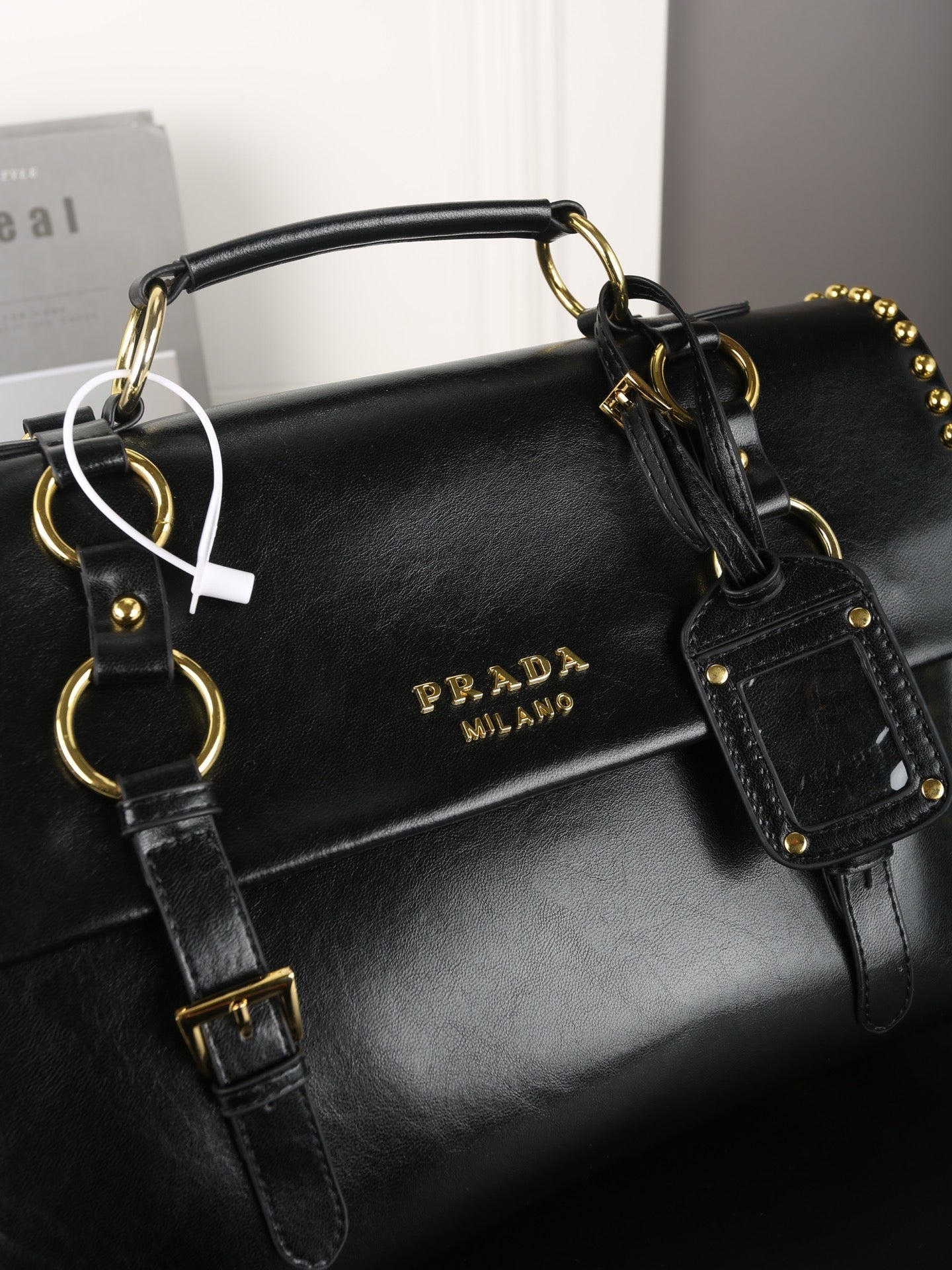 STUDDED BRIEFCASE 34 IN BLACK SHINY SMOOTH CALFSKIN