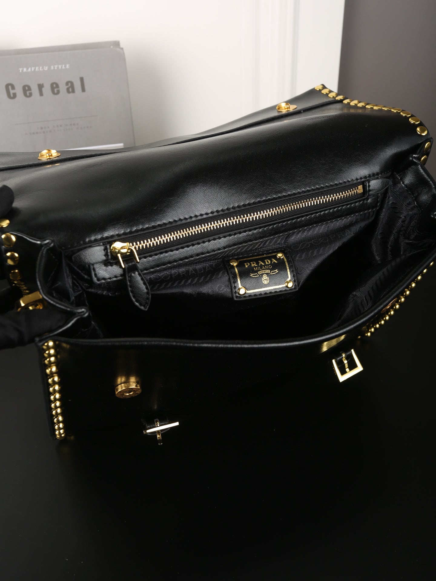 STUDDED BRIEFCASE 34 IN BLACK SHINY SMOOTH CALFSKIN