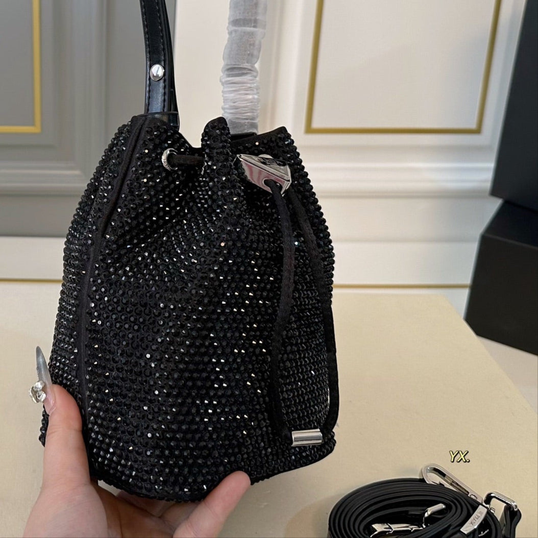 STUDDED BUCKET BAG 19 IN BLACK RE-NYLON MIX CALFSKIN