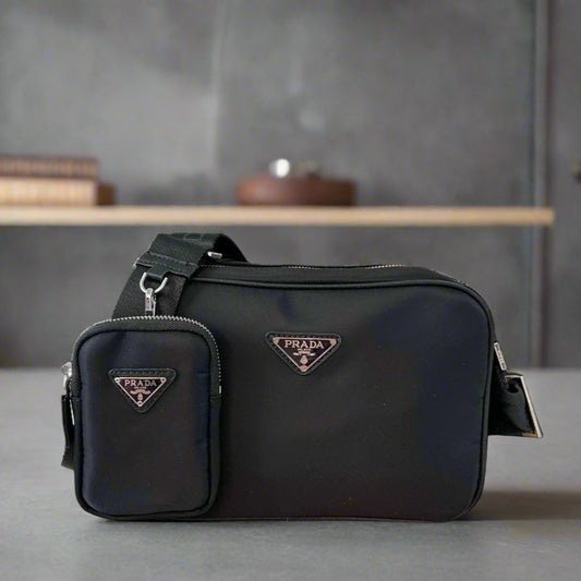 TRIANGLE LOGO CROSSBODY BAG 25 IN BLACK RE-NYLON