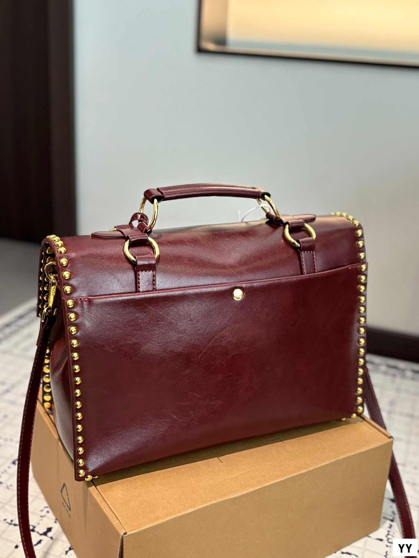 STUDDED BRIEFCASE 34 IN BURGUNDY RED SHINY SMOOTH CALFSKIN