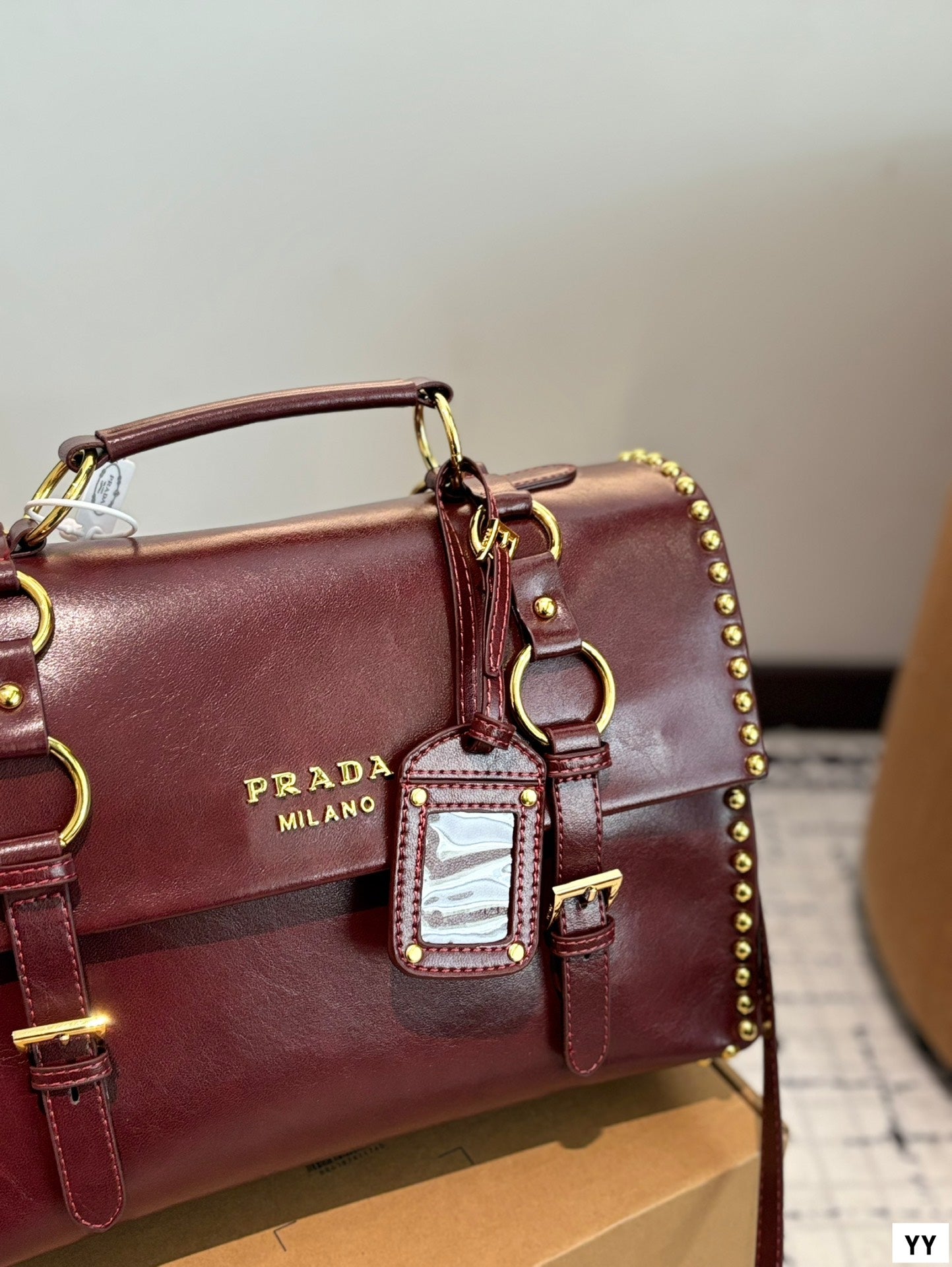 STUDDED BRIEFCASE 34 IN BURGUNDY RED SHINY SMOOTH CALFSKIN