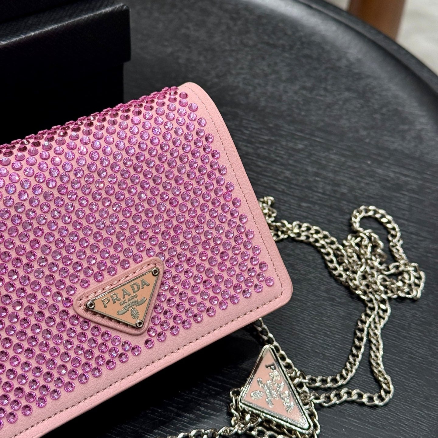 STUDDED CRYSTAL WALLET ON CHAIN 13 IN PINK CALFSKIN