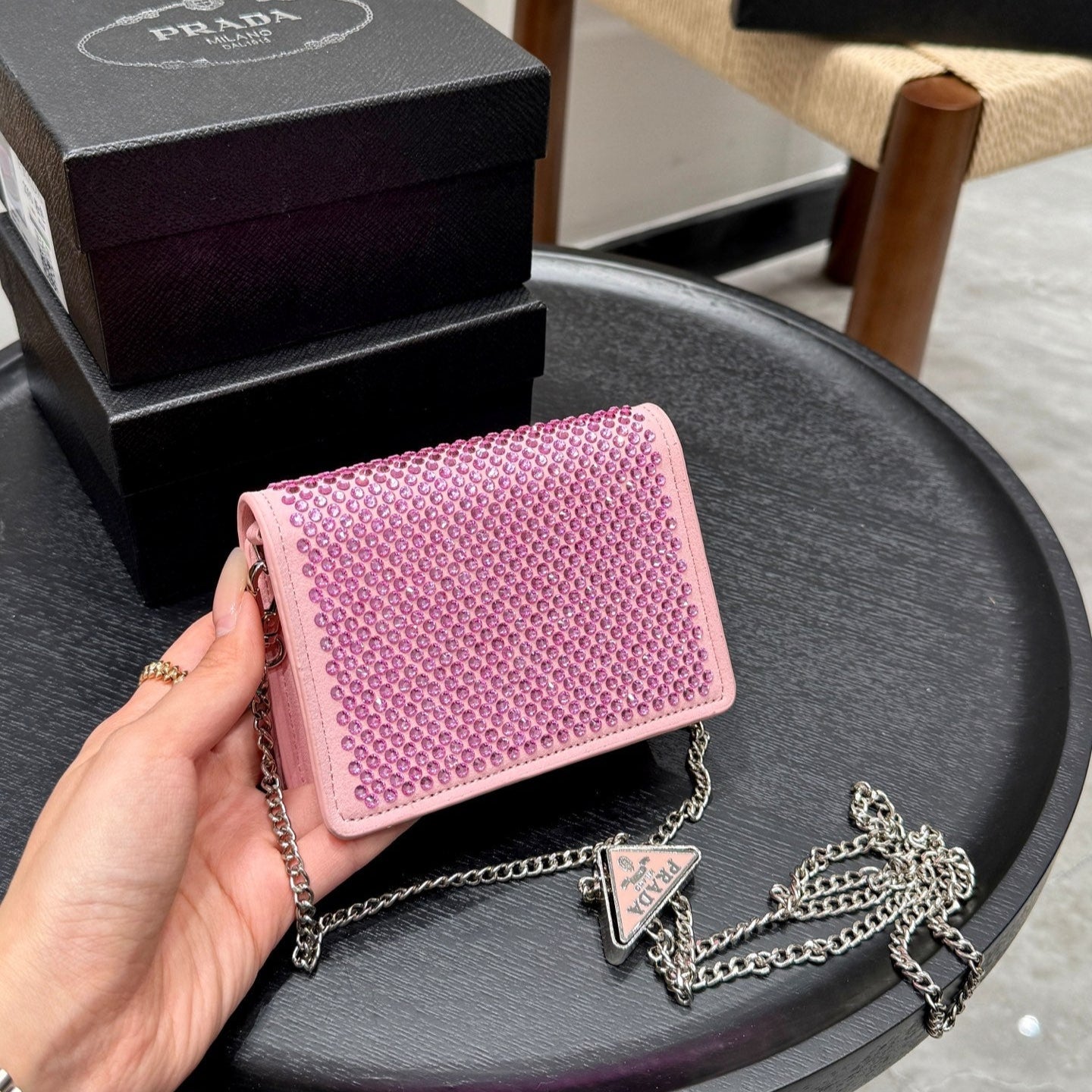 STUDDED CRYSTAL WALLET ON CHAIN 13 IN PINK CALFSKIN