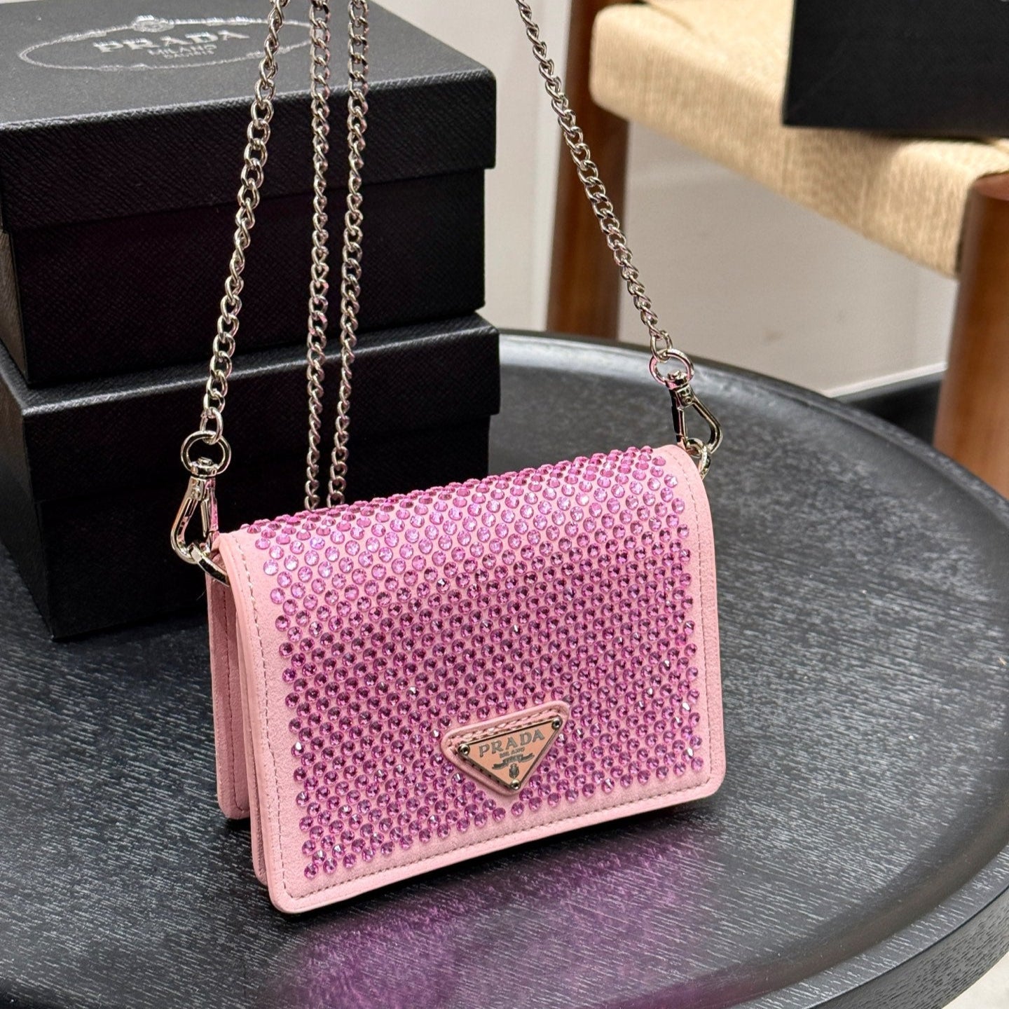 STUDDED CRYSTAL WALLET ON CHAIN 13 IN PINK CALFSKIN