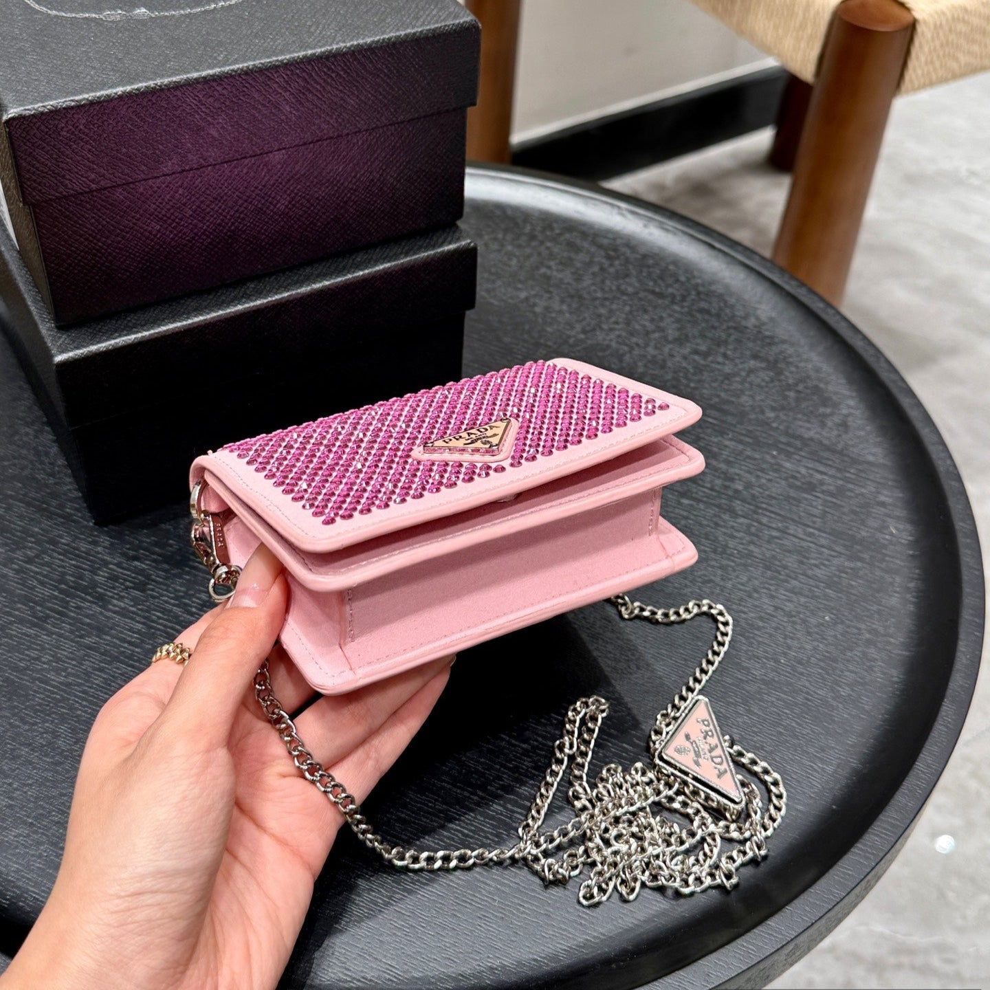 STUDDED CRYSTAL WALLET ON CHAIN 13 IN PINK CALFSKIN
