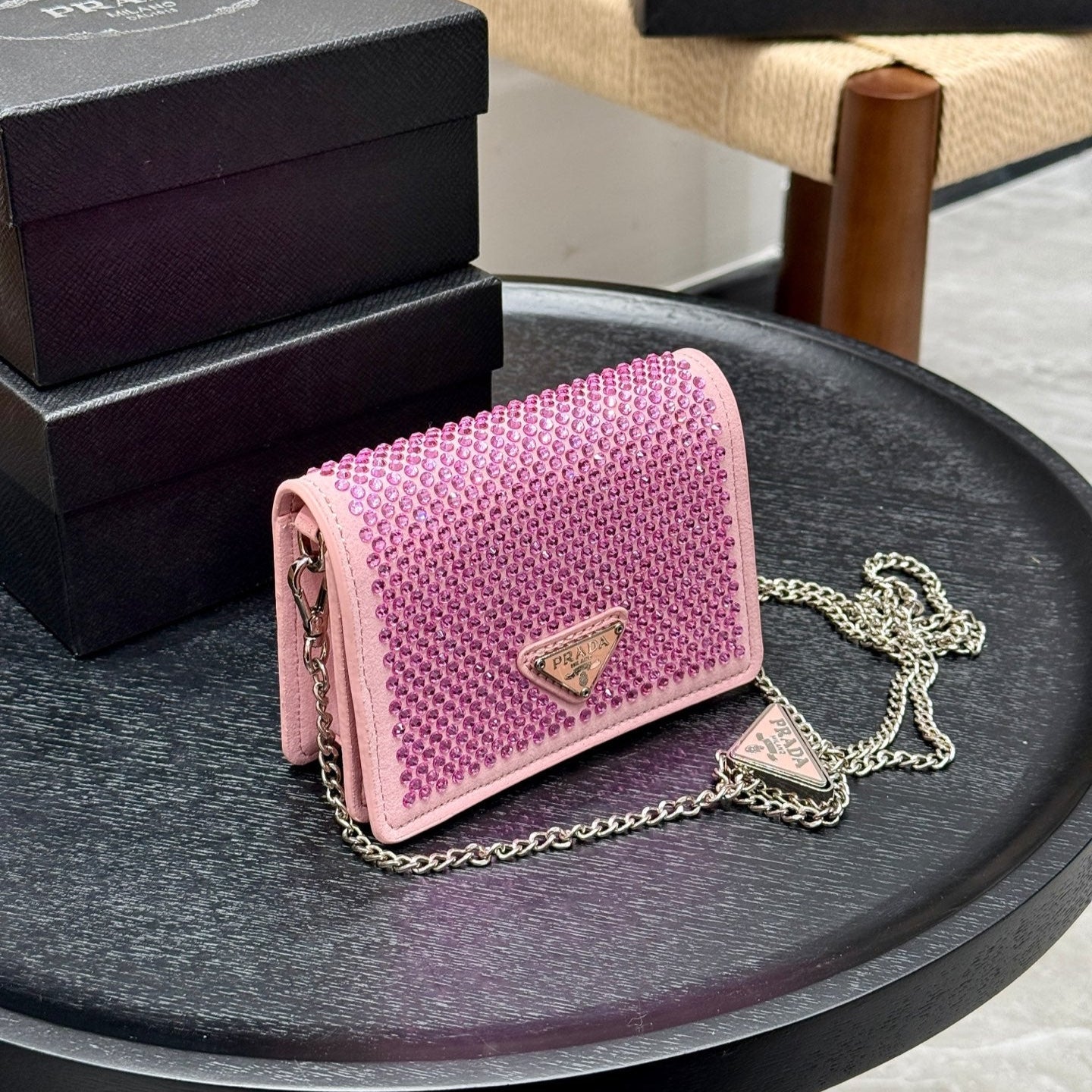STUDDED CRYSTAL WALLET ON CHAIN 13 IN PINK CALFSKIN